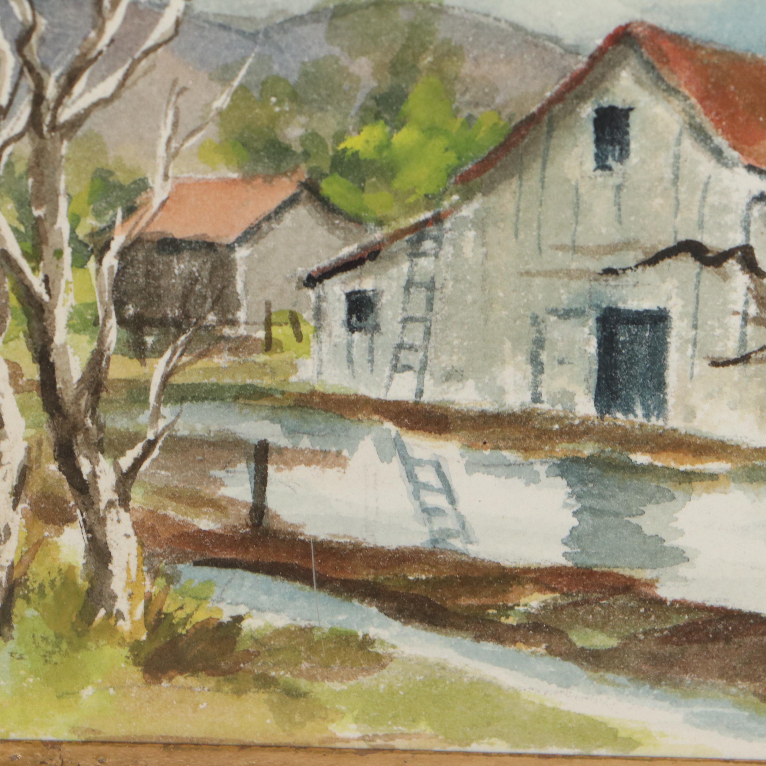Fremont Ellis Watercolor Painting of Barnyard, Late 20th Century