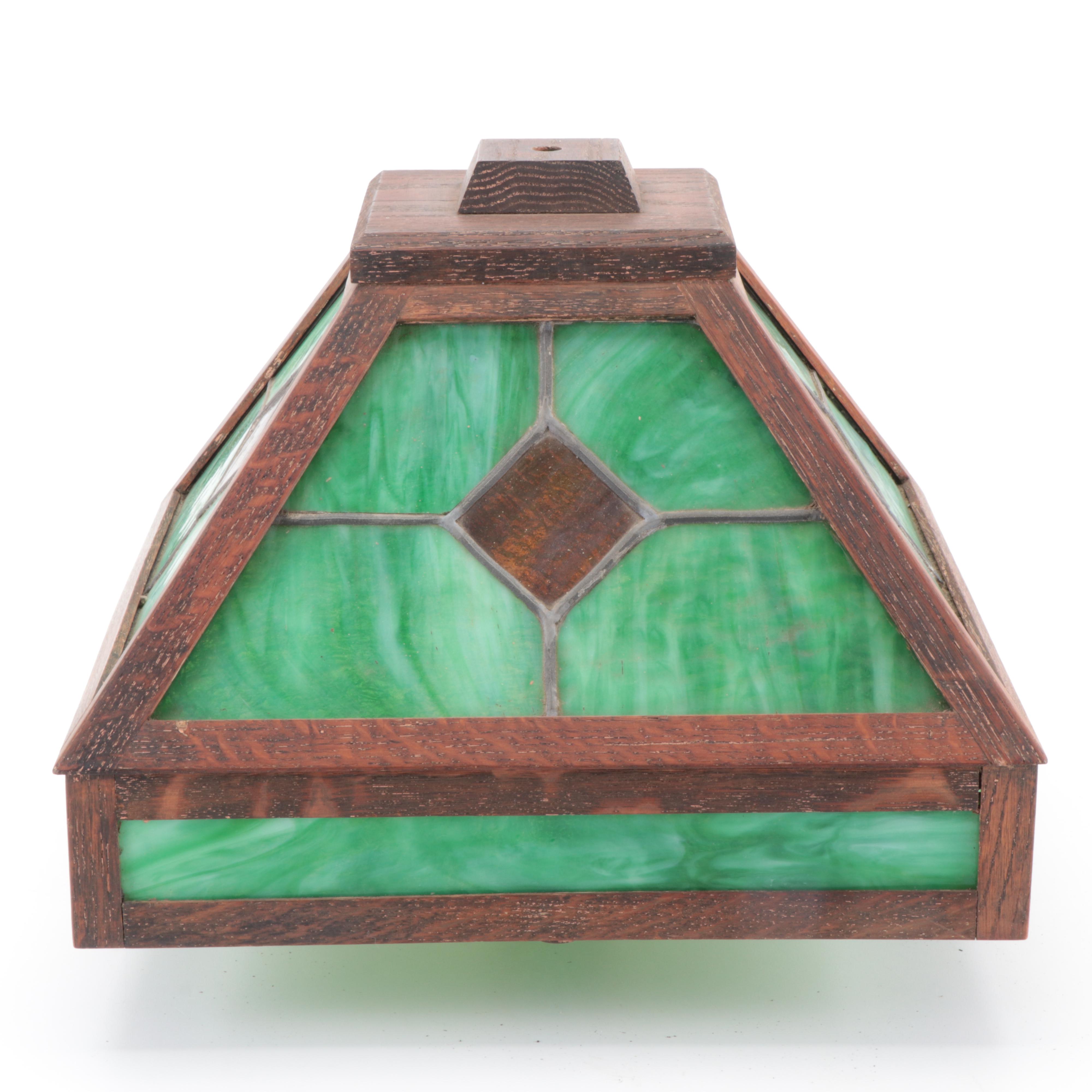 Mission Style Oak Slag Glass Table Lamp, Early to Mid-20th Century