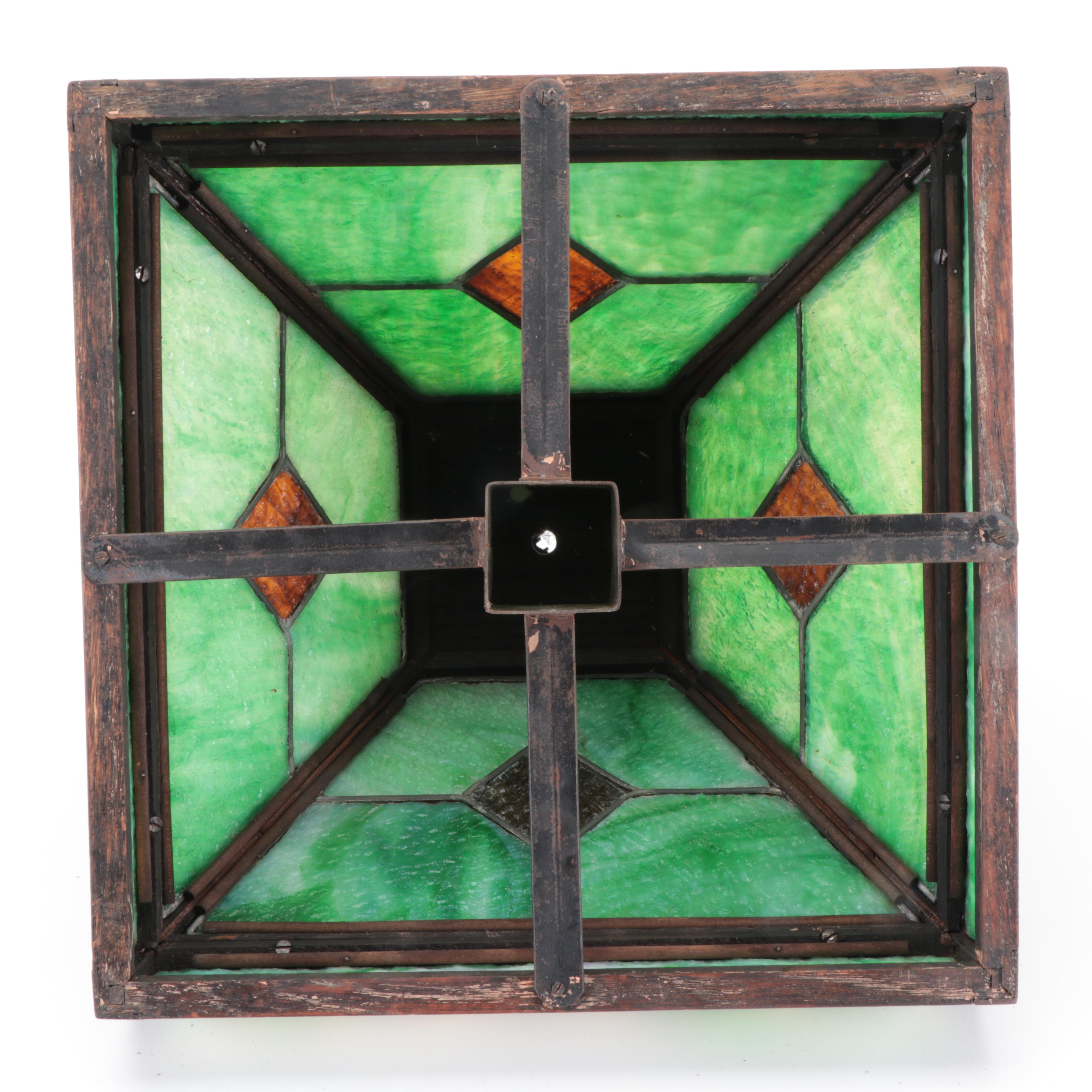 Mission Style Oak Slag Glass Table Lamp, Early to Mid-20th Century