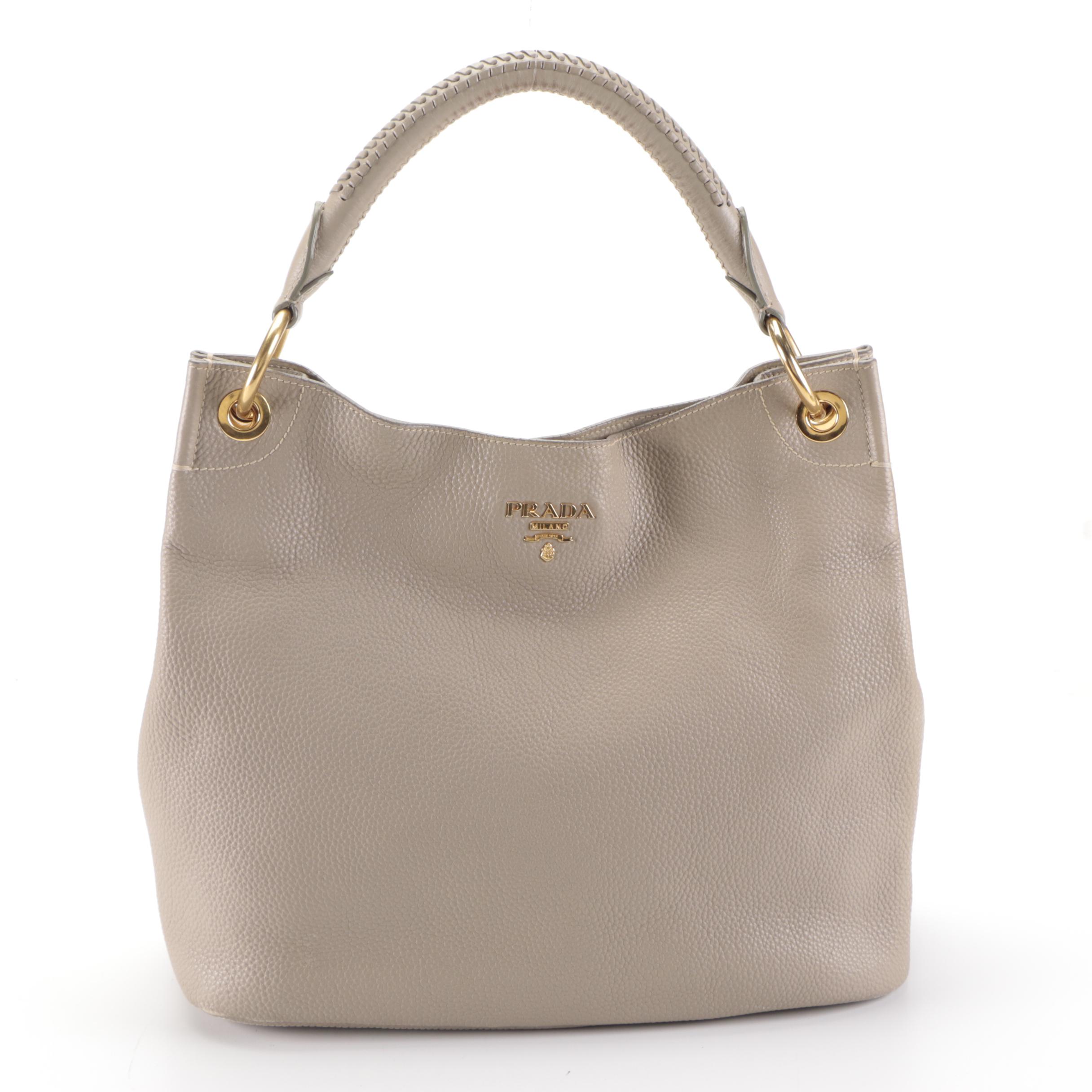 Prada Whipstitched Top Handle Shoulder Bag in Taupe Pebbled Calfskin Leather