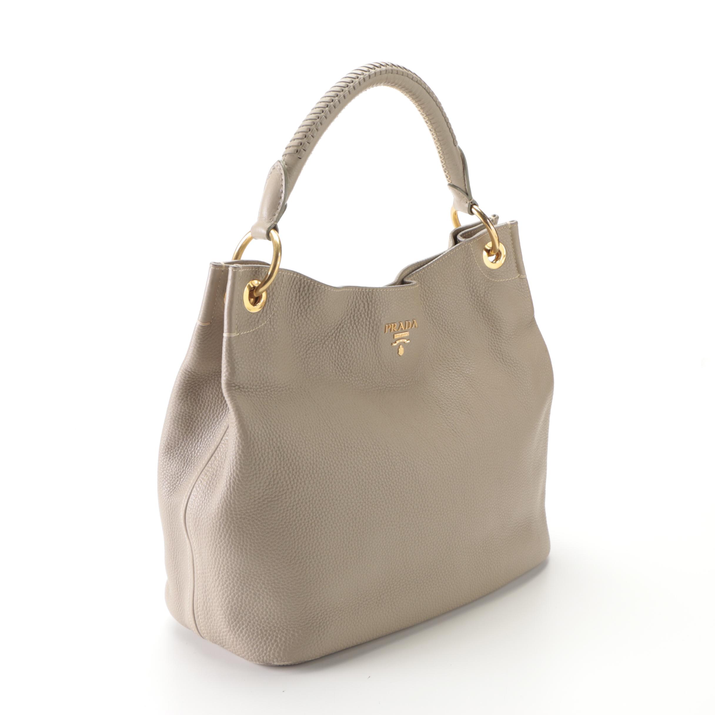 Prada Whipstitched Top Handle Shoulder Bag in Taupe Pebbled Calfskin Leather
