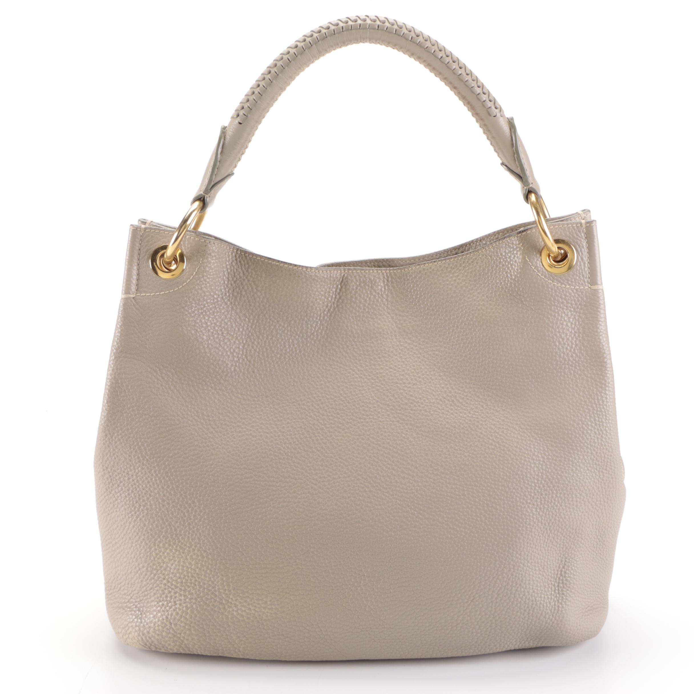 Prada Whipstitched Top Handle Shoulder Bag in Taupe Pebbled Calfskin Leather