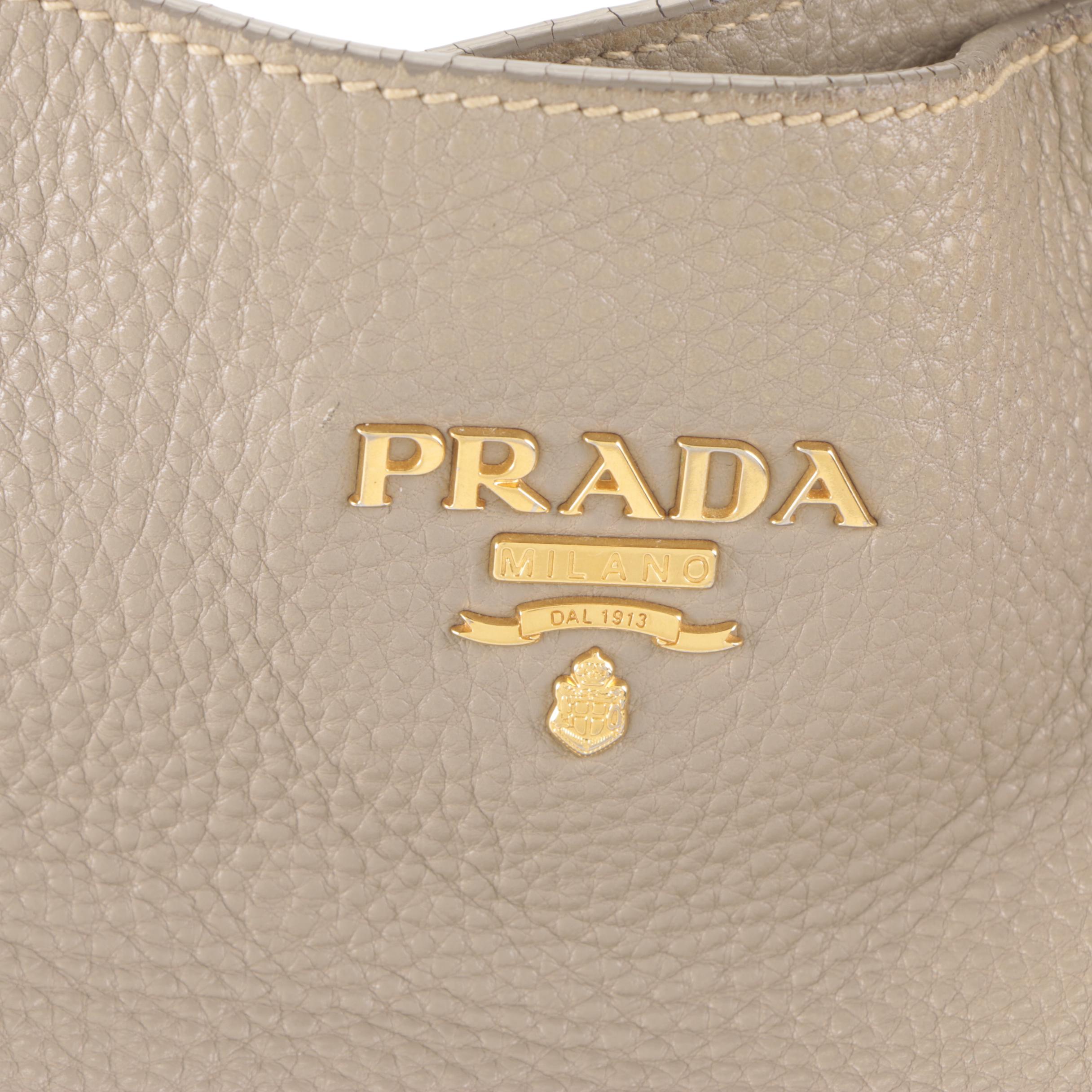 Prada Whipstitched Top Handle Shoulder Bag in Taupe Pebbled Calfskin Leather