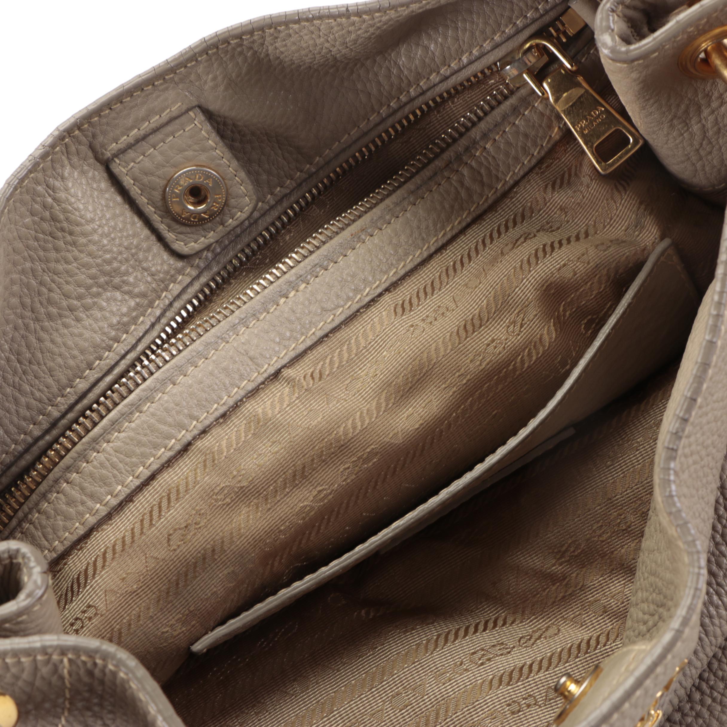 Prada Whipstitched Top Handle Shoulder Bag in Taupe Pebbled Calfskin Leather