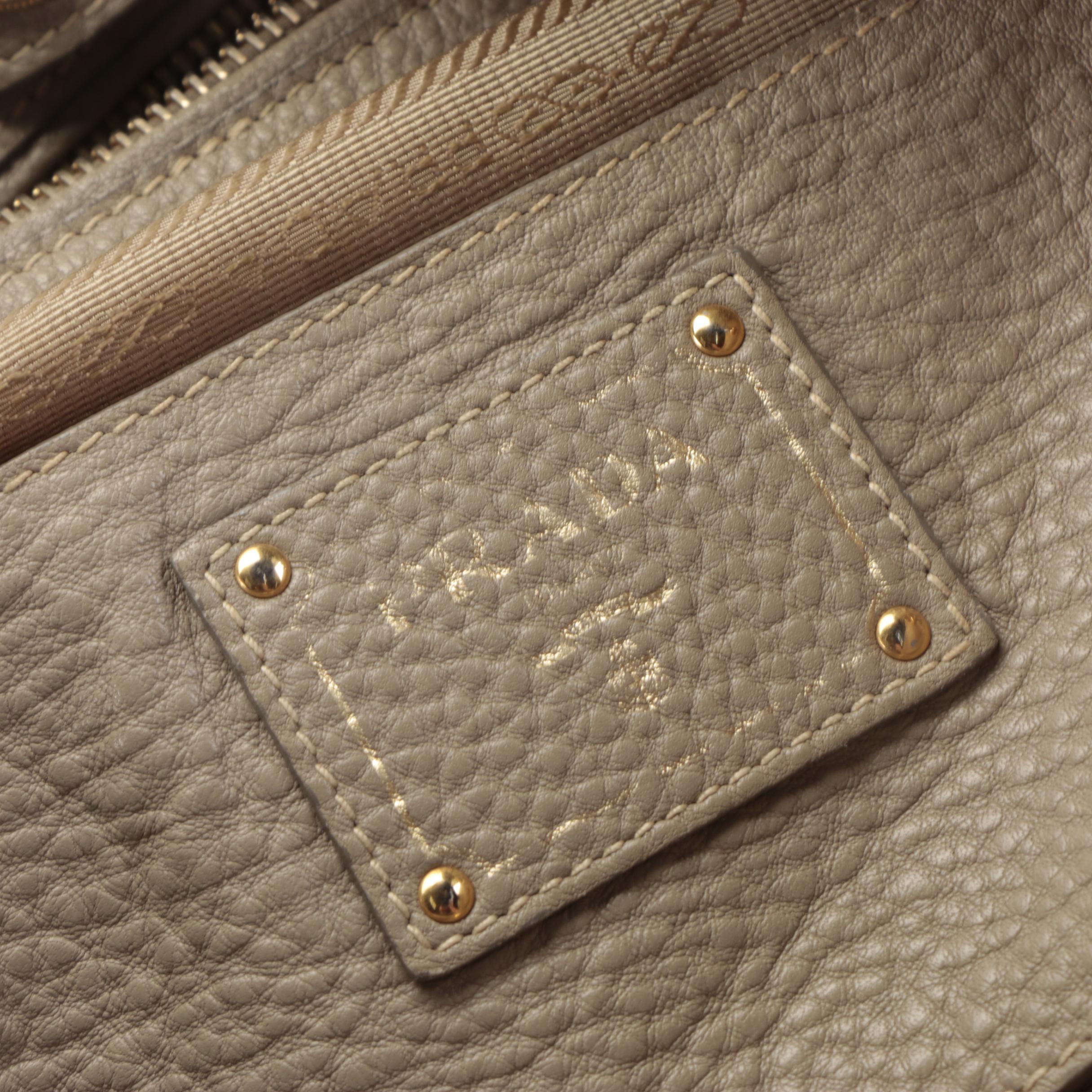Prada Whipstitched Top Handle Shoulder Bag in Taupe Pebbled Calfskin Leather