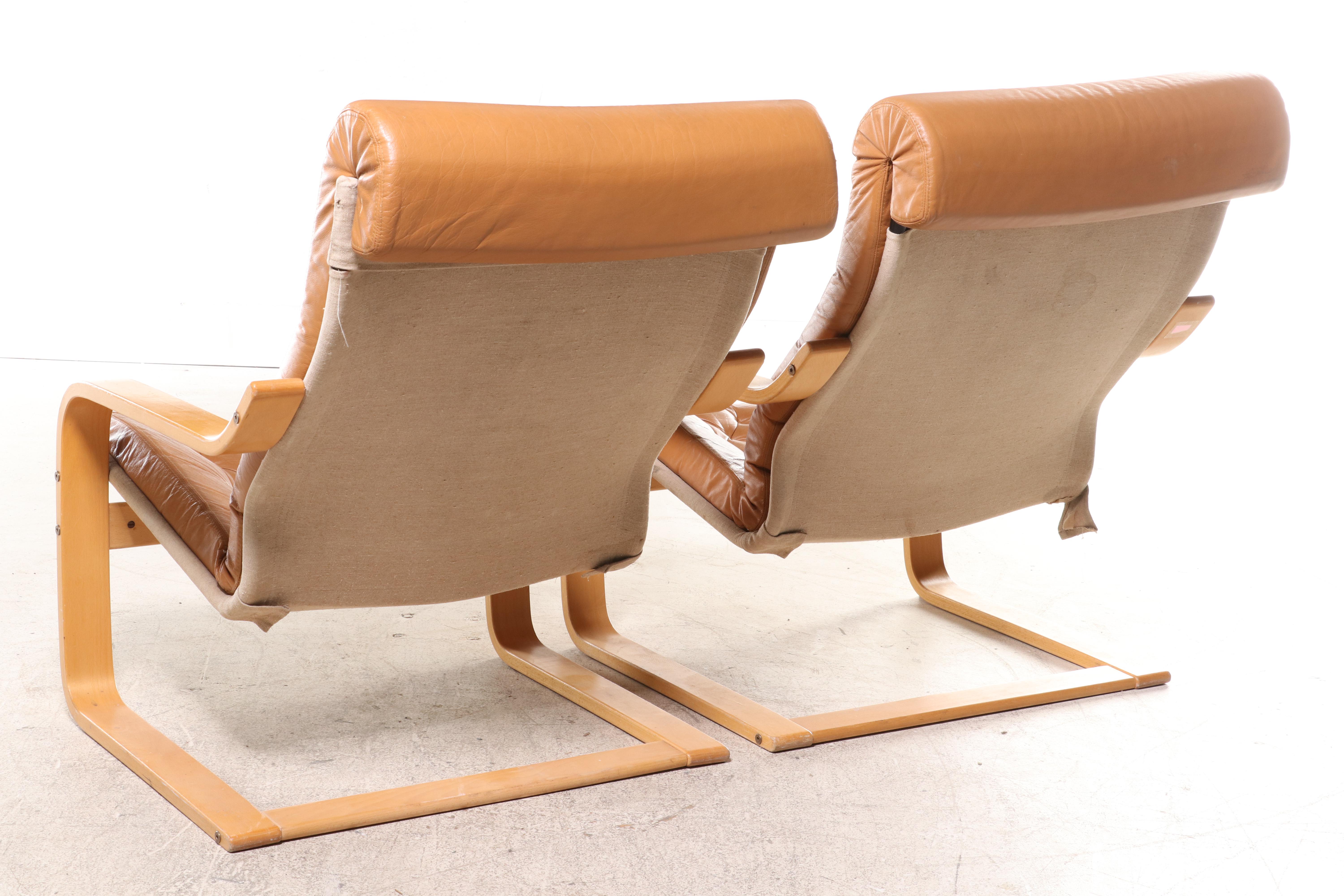 Noburu Nakamura for IKEA "Poem" Modernist Beech and Leather Lounge Chairs