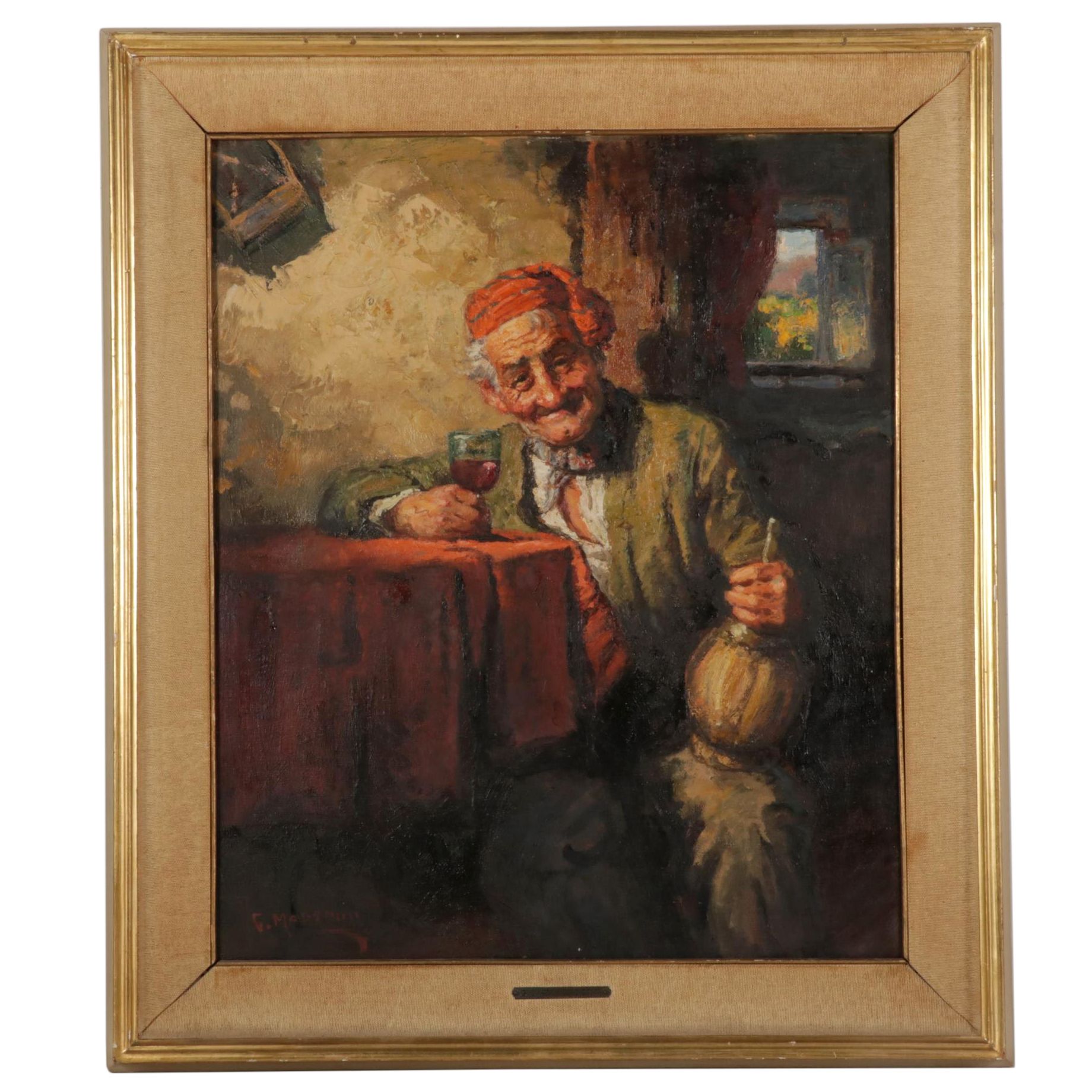 Giovanni Madonini Portrait Oil Painting of Old Man Drinking Wine, 1960