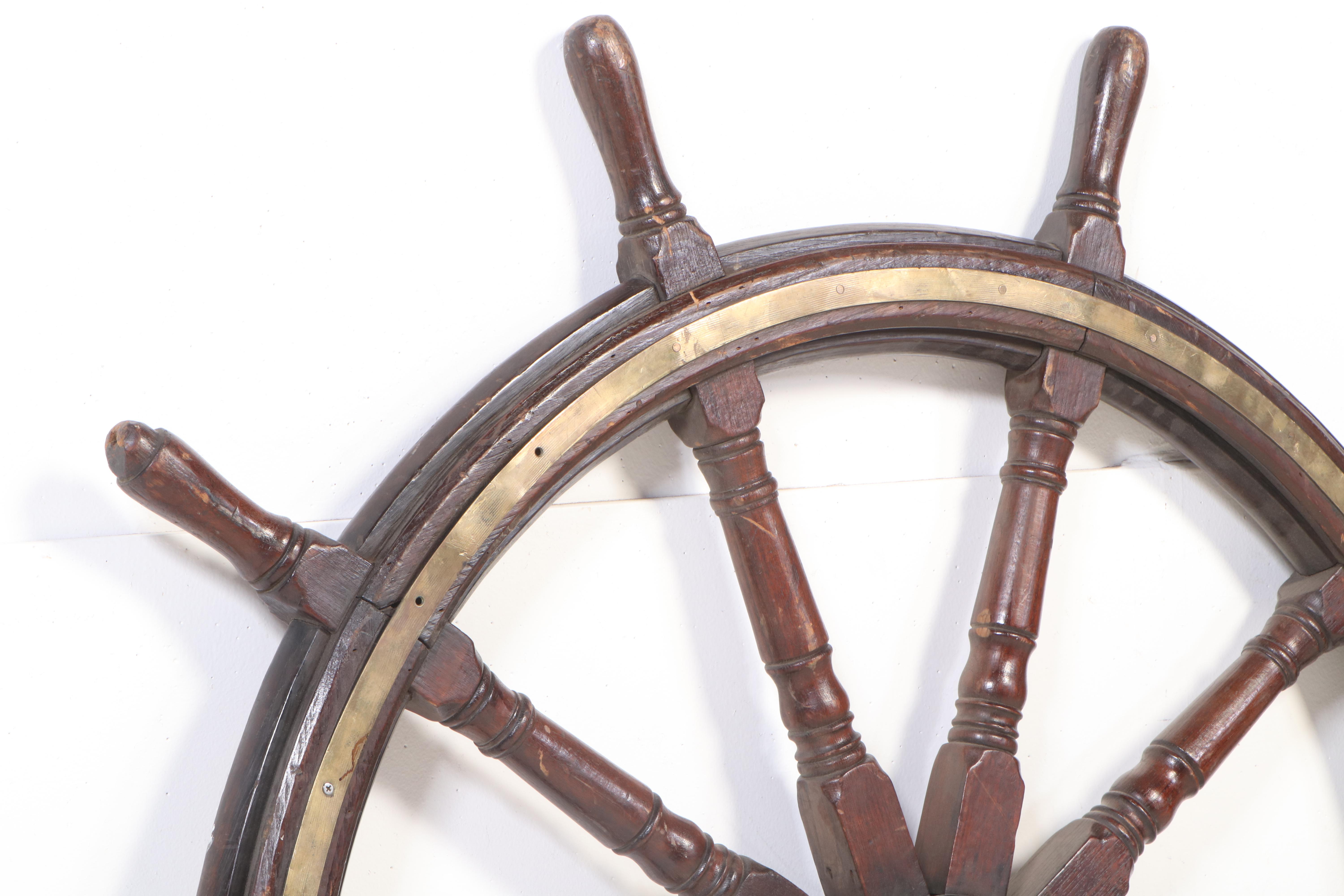 Large Oak Ten-Spoke Ship's Navigation Wheel with Brass Inlay