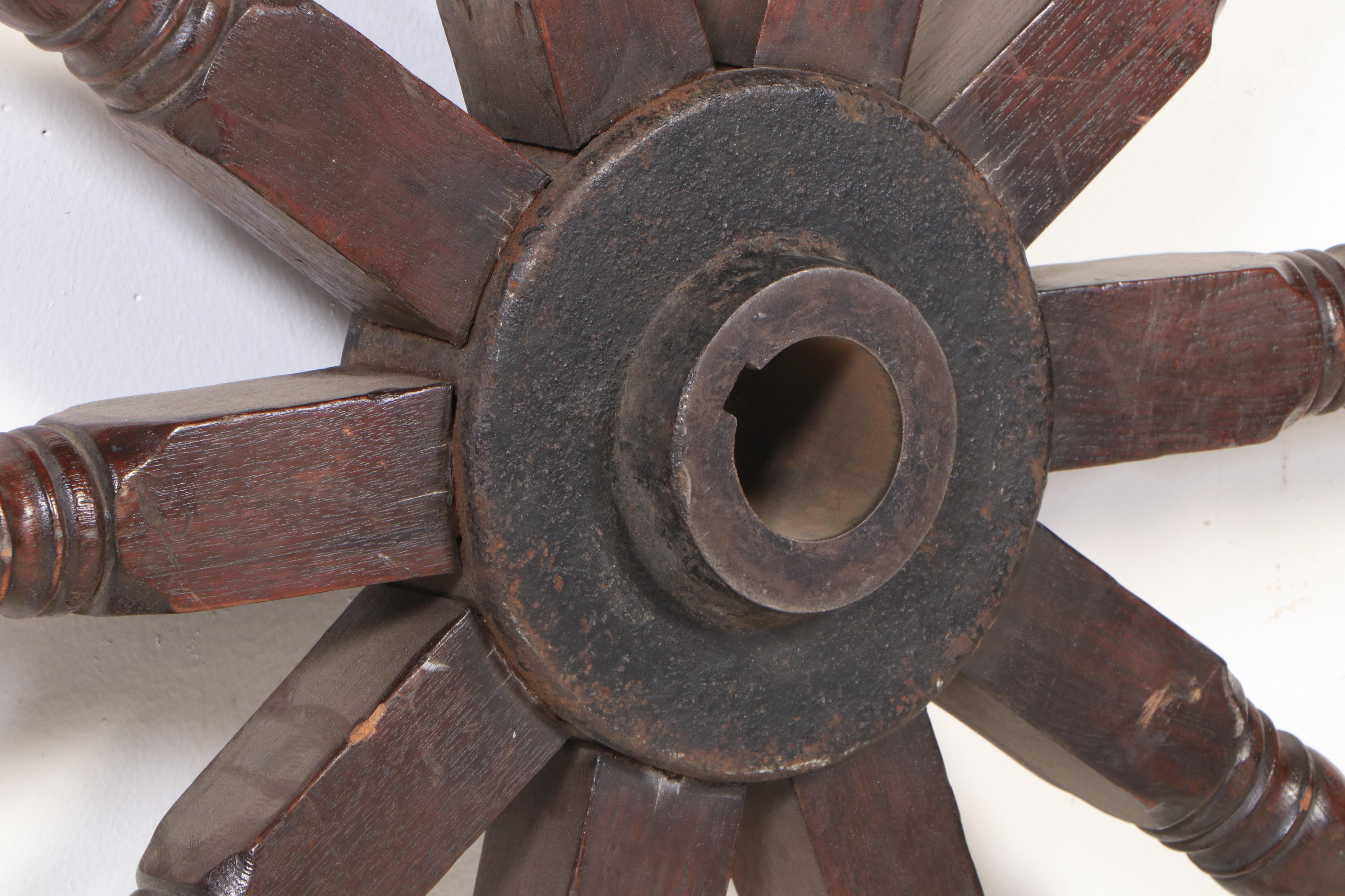 Large Oak Ten-Spoke Ship's Navigation Wheel with Brass Inlay