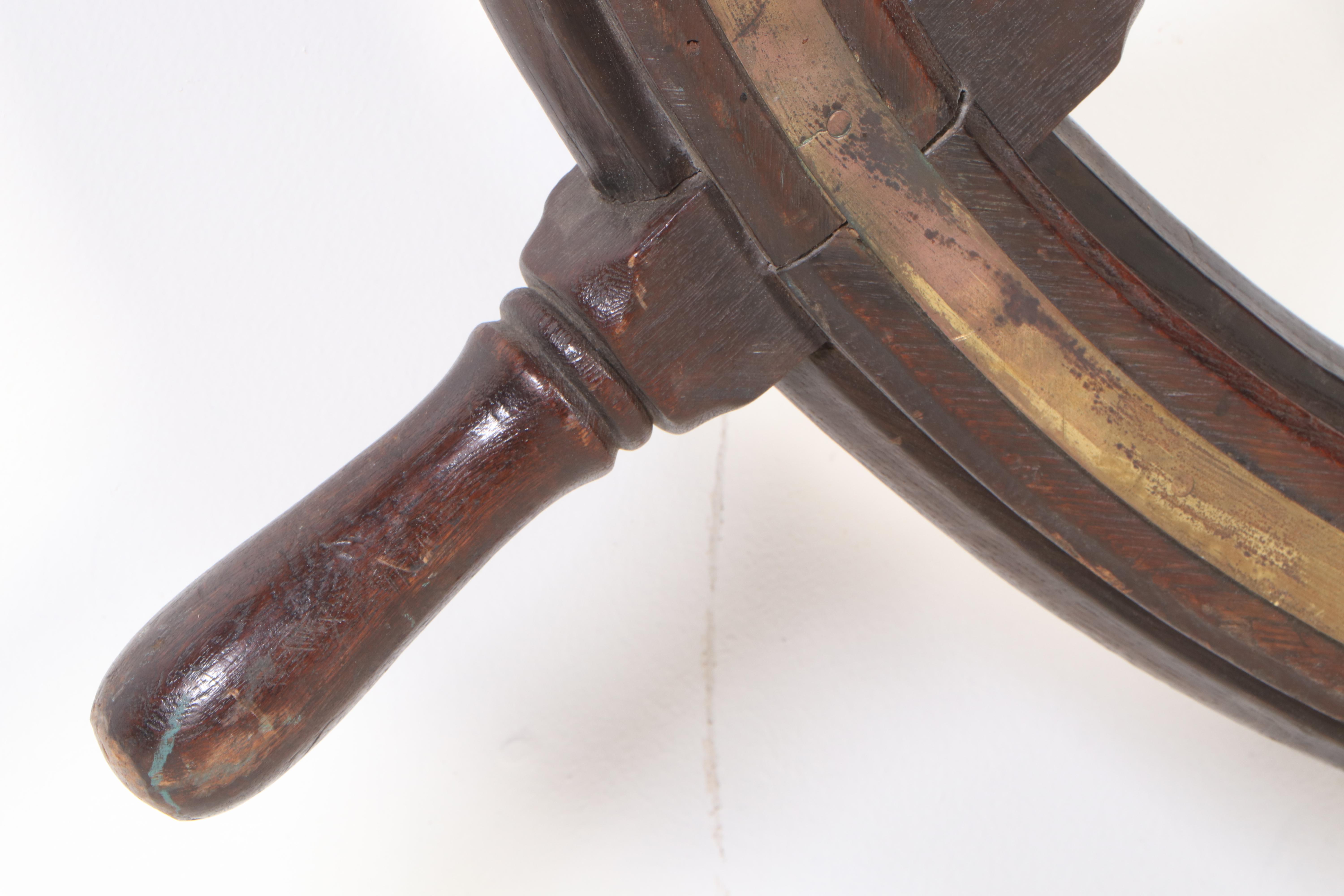 Large Oak Ten-Spoke Ship's Navigation Wheel with Brass Inlay