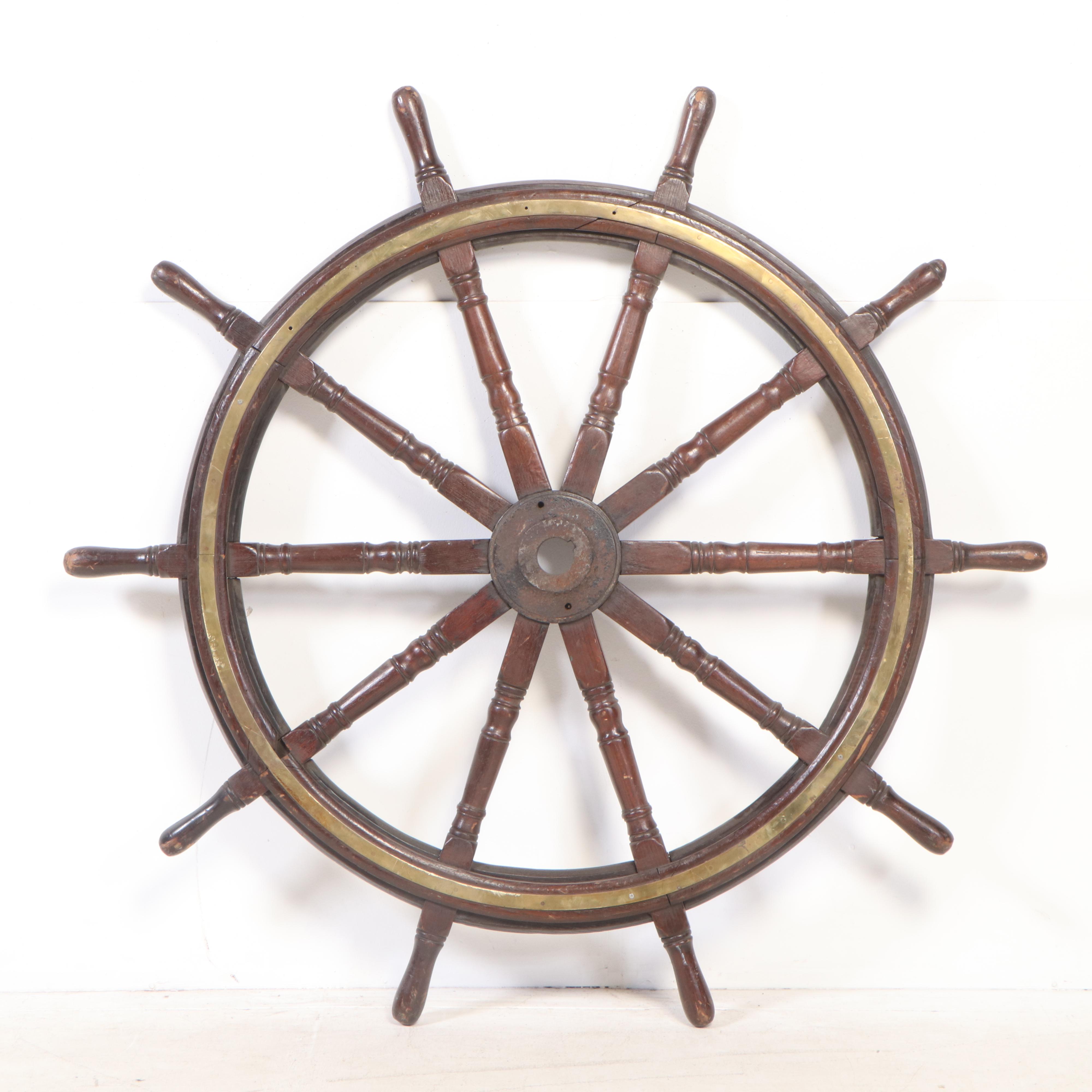 Large Oak Ten-Spoke Ship's Navigation Wheel with Brass Inlay