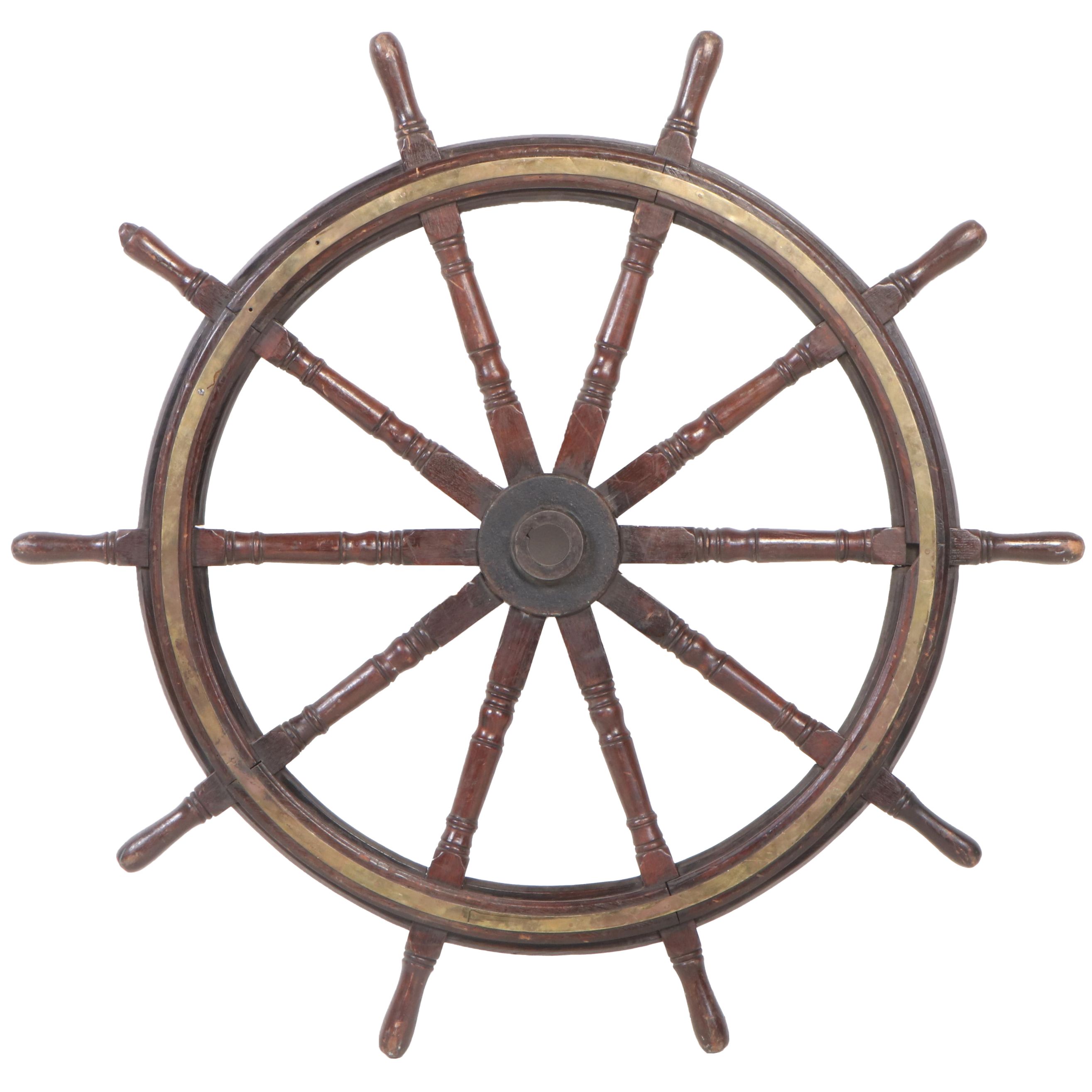 Large Oak Ten-Spoke Ship's Navigation Wheel with Brass Inlay