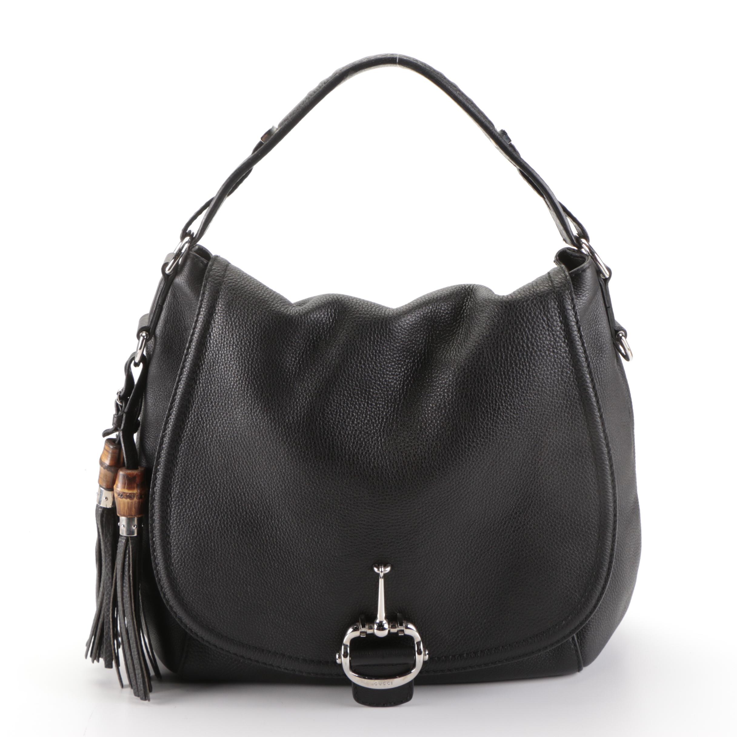 Gucci Techno Horsebit Shoulder Bag in Black Leather with Bamboo Tassels