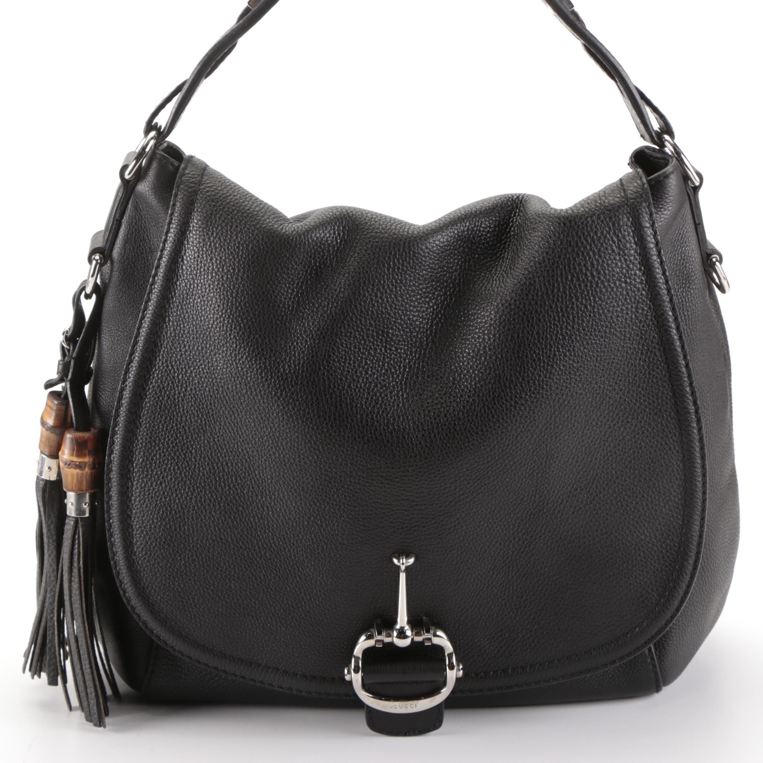 Gucci Techno Horsebit Shoulder Bag in Black Leather with Bamboo Tassels