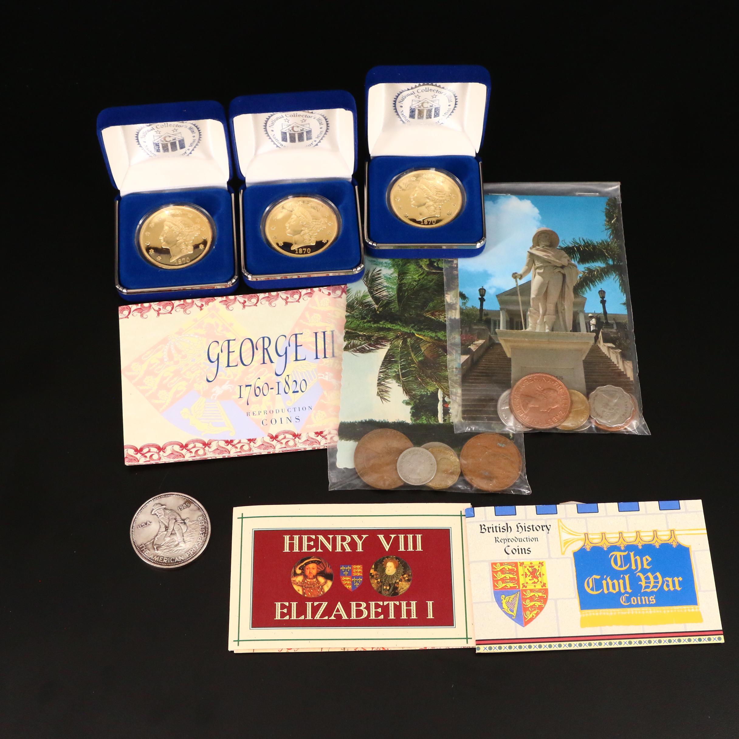 Group of World Coins, World Coin Replicas, and Engelhard 1 oz. Silver Round