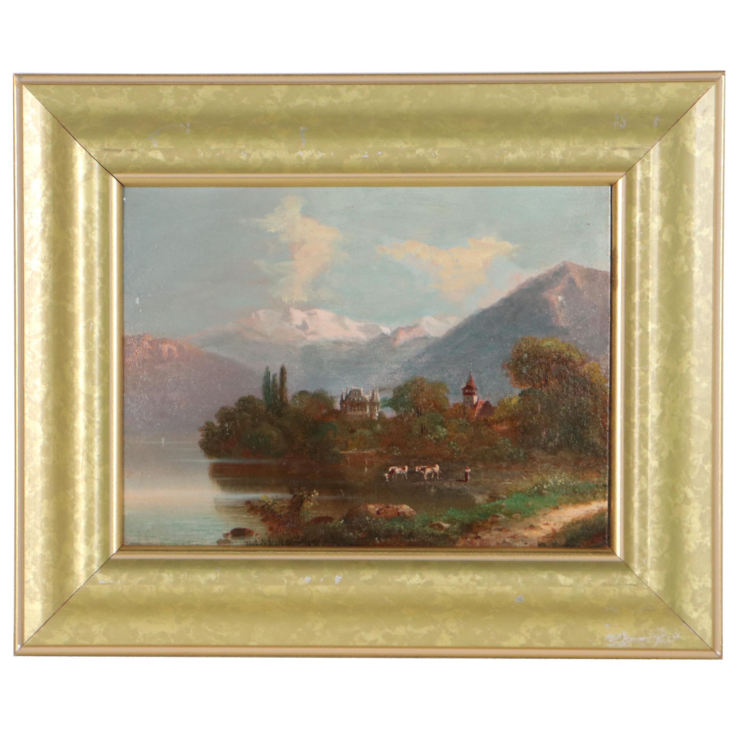 Oil Painting Attributed to Gottfried Stahly-Rychen of Lake Thun, 1905