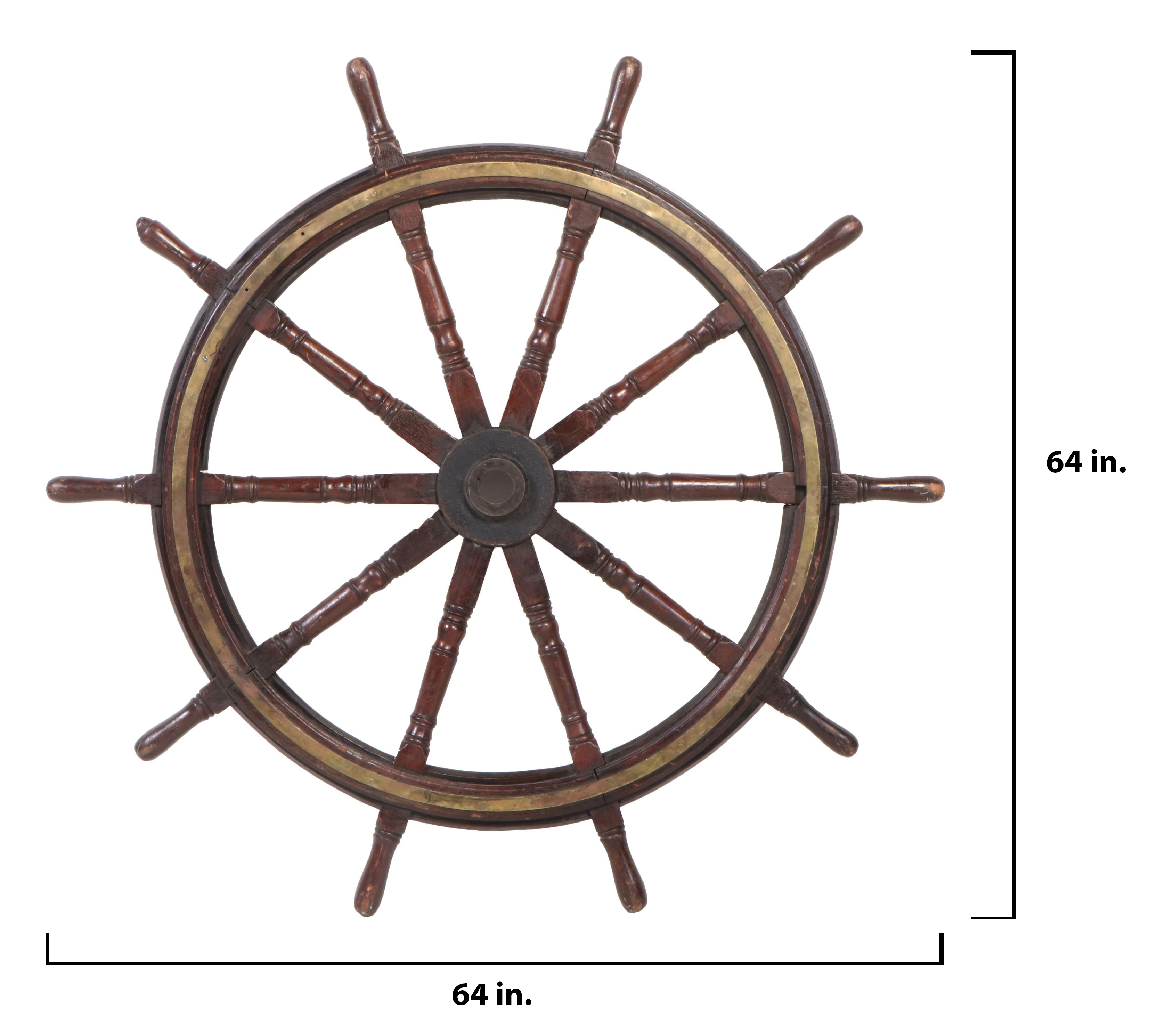 Large Oak Ten-Spoke Ship's Navigation Wheel with Brass Inlay