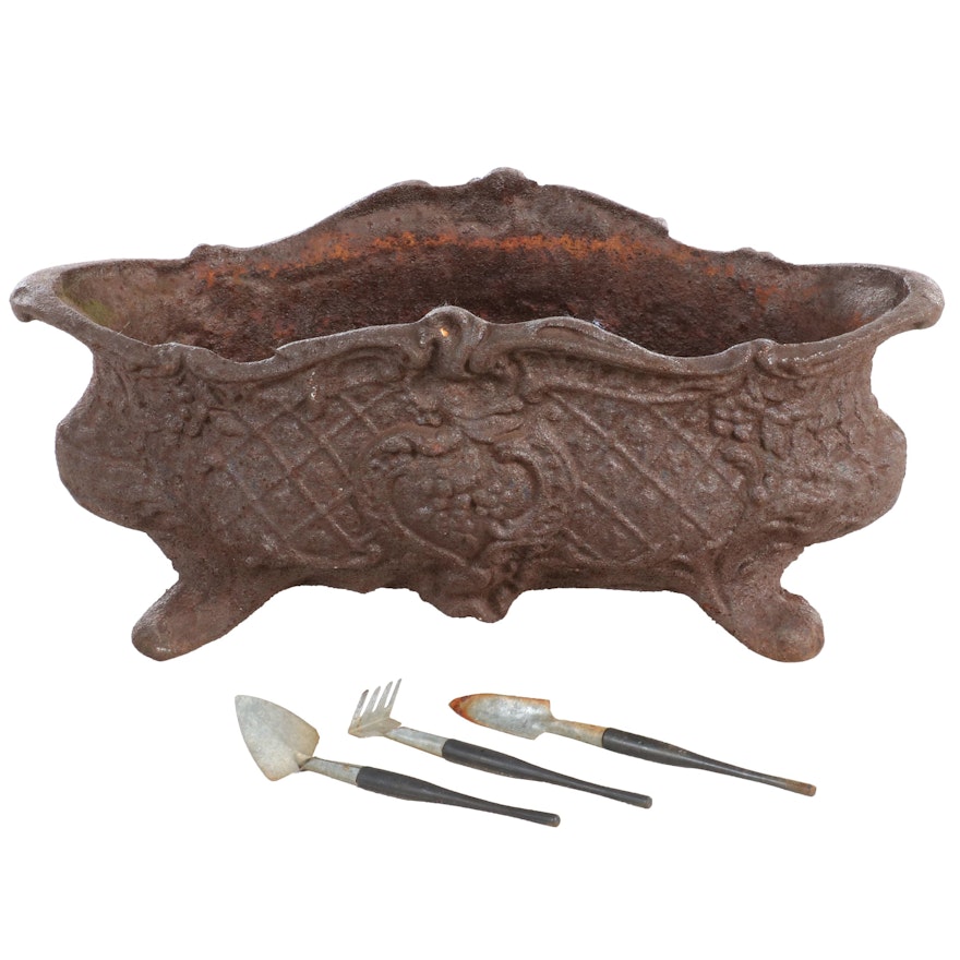 Rococo Cast Iron Footed Flower Box with Mini Garden Tools