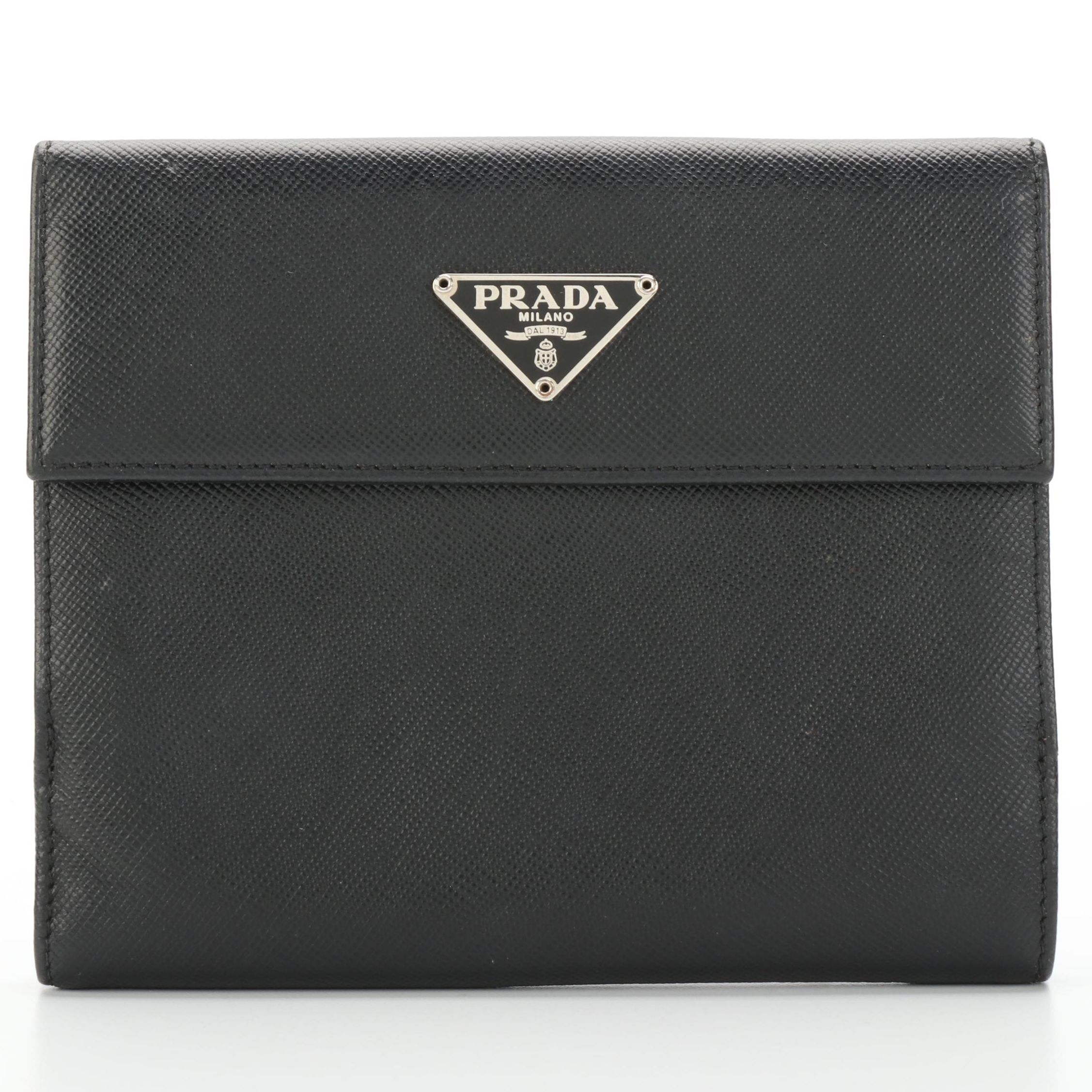 Prada Trifold Wallet in Black Saffiano Leather with Box