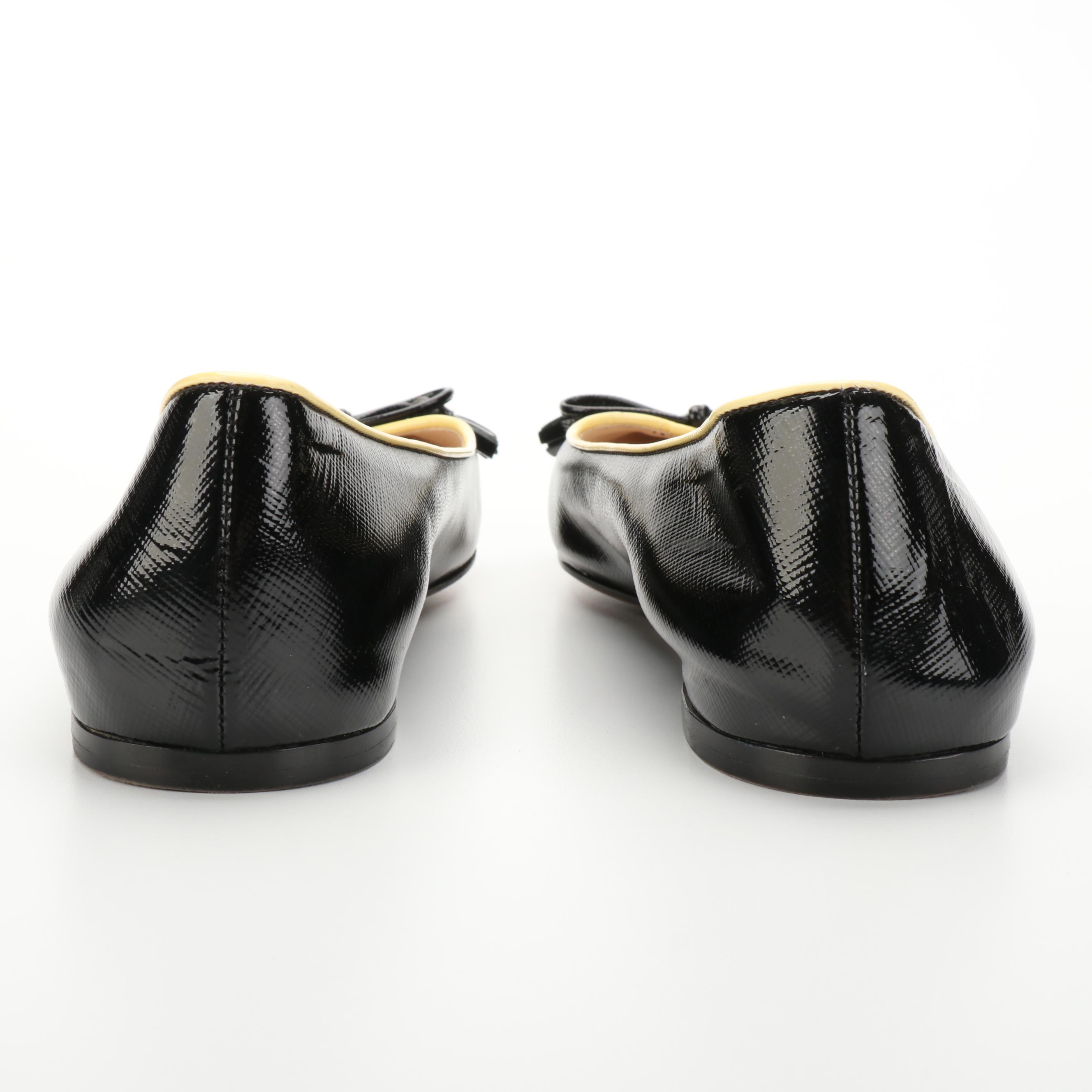 Prada Pointed-Toe Flats in Shiny Saffiano Leather with Contrast Trim and Bow