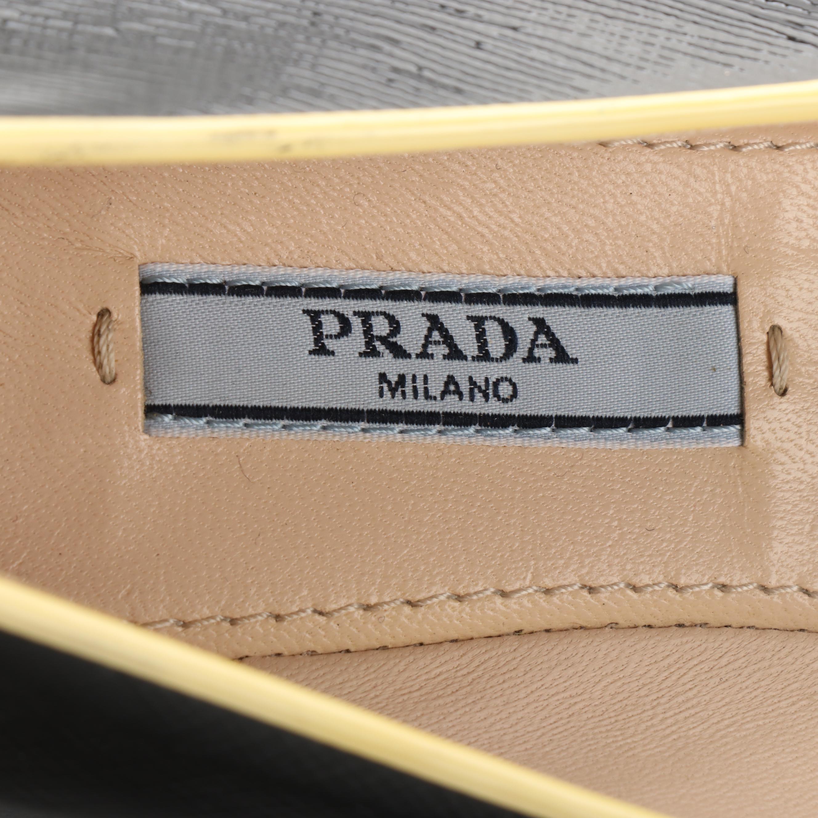 Prada Pointed-Toe Flats in Shiny Saffiano Leather with Contrast Trim and Bow