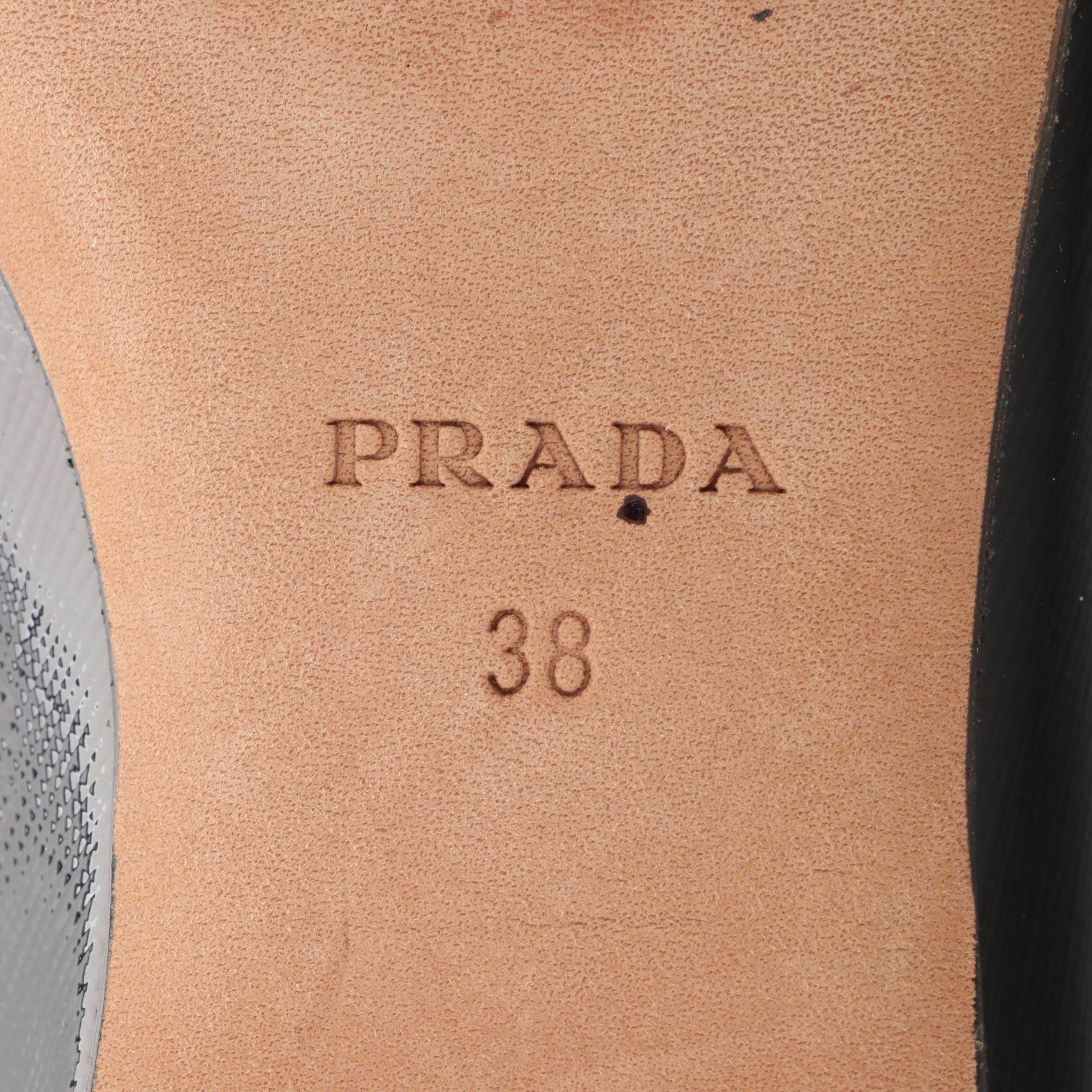 Prada Pointed-Toe Flats in Shiny Saffiano Leather with Contrast Trim and Bow