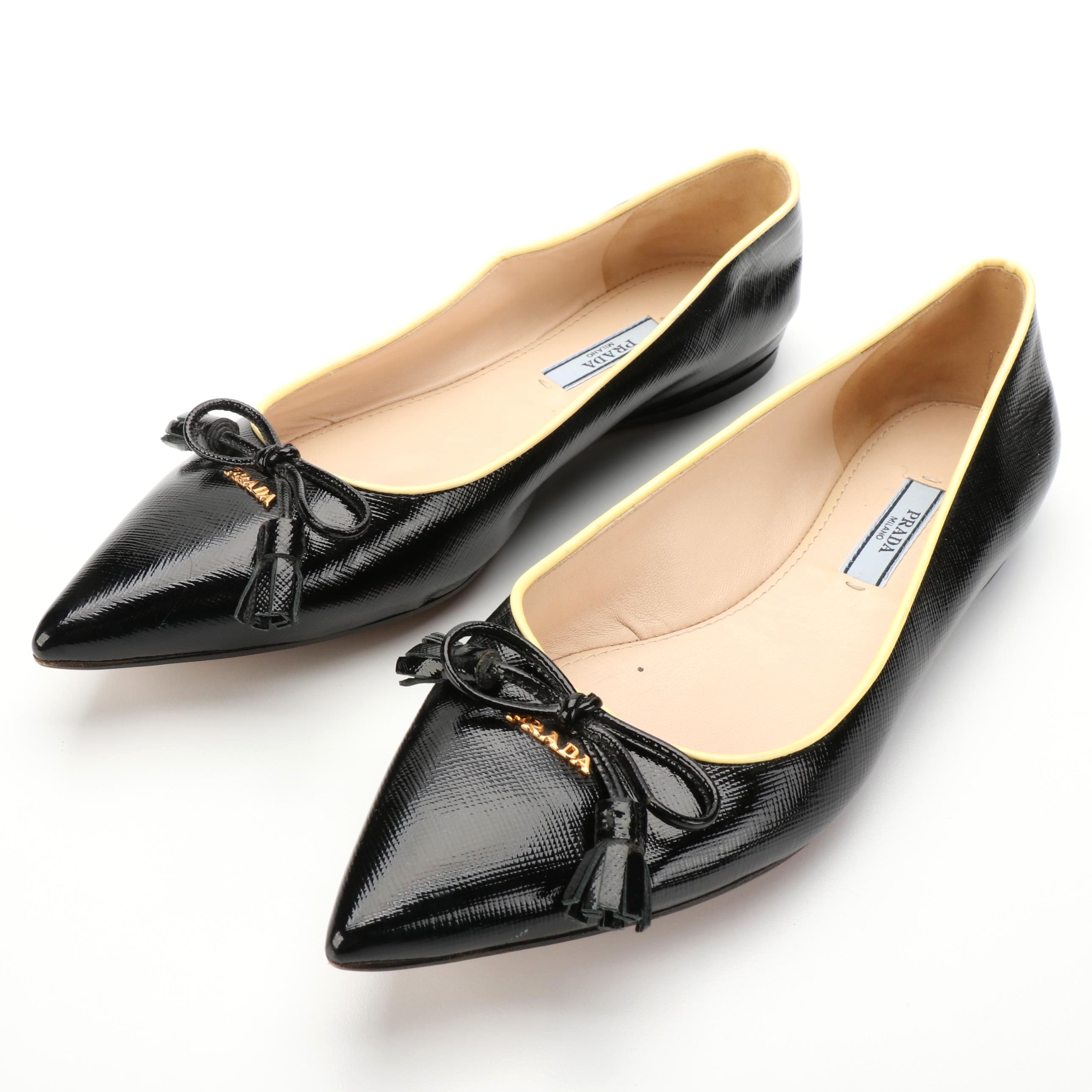 Prada Pointed-Toe Flats in Shiny Saffiano Leather with Contrast Trim and Bow