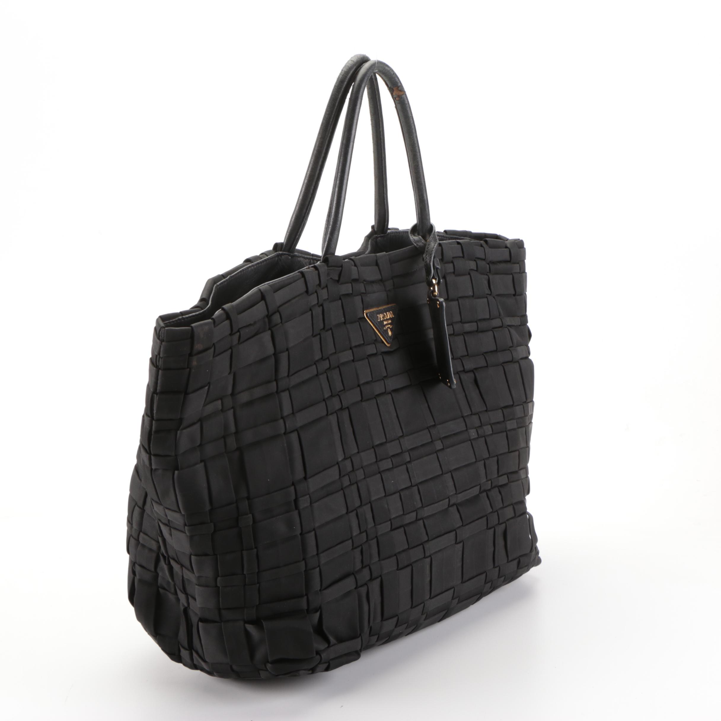 Prada Tote Bag in Black Woven Tessuto Nylon with Leather Trim