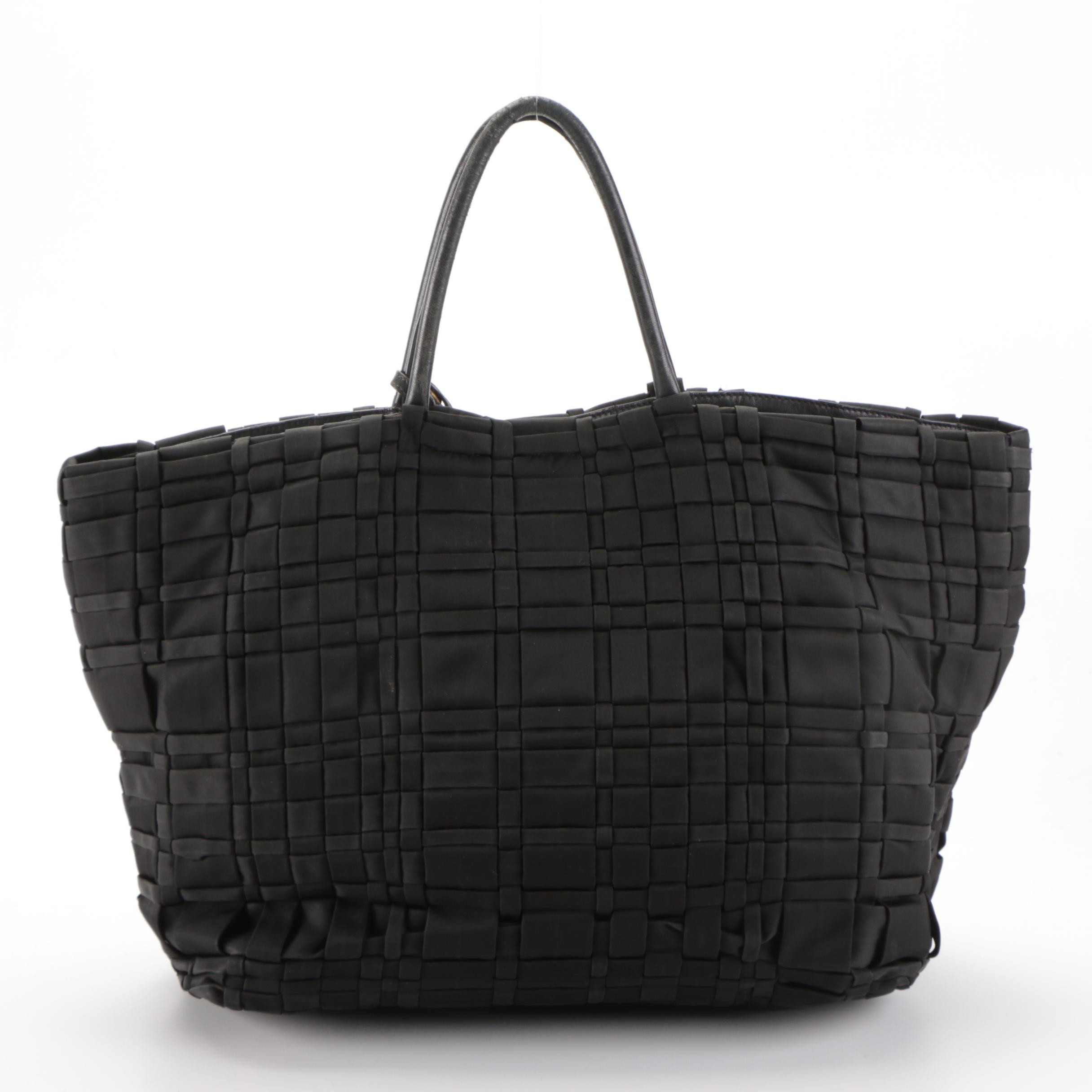 Prada Tote Bag in Black Woven Tessuto Nylon with Leather Trim