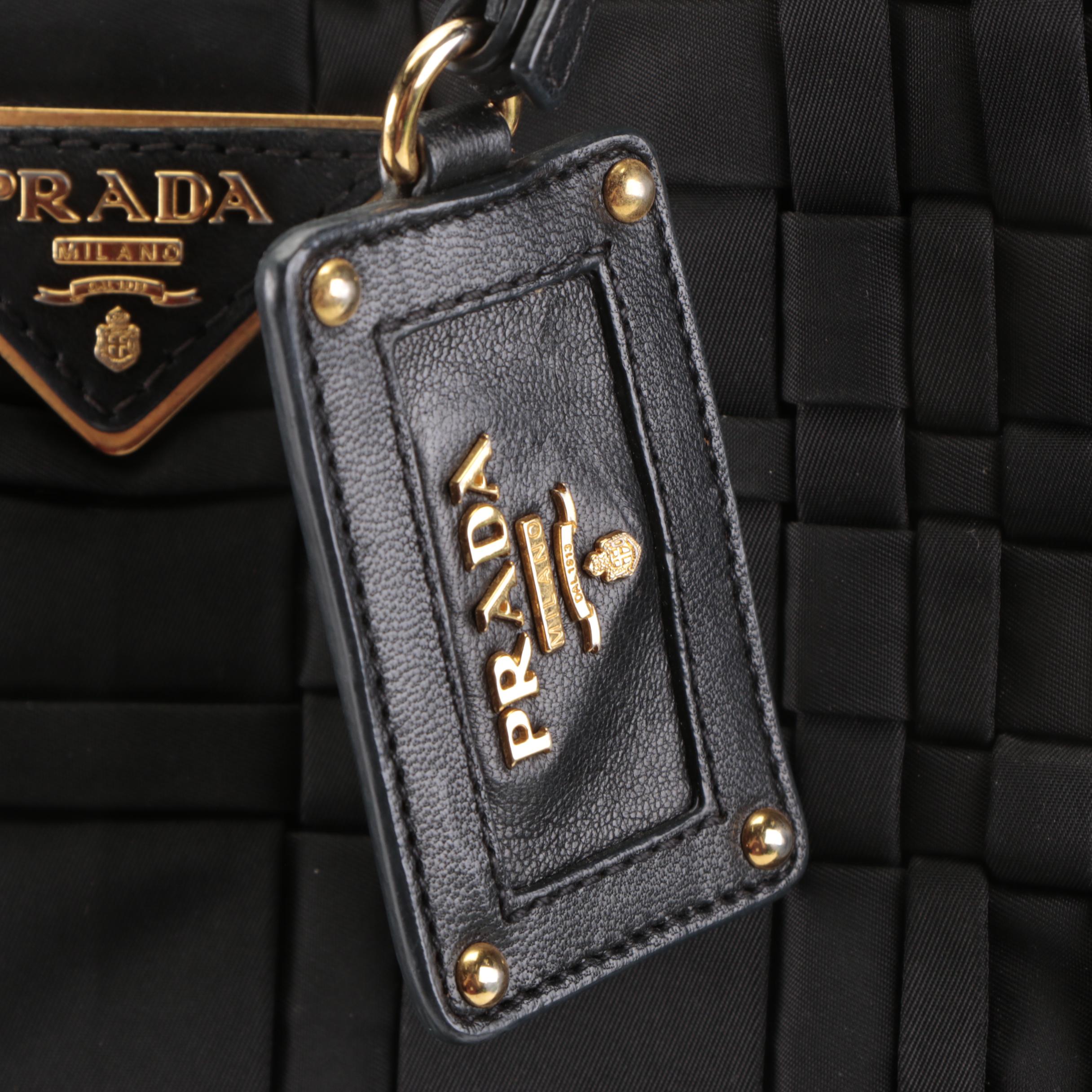 Prada Tote Bag in Black Woven Tessuto Nylon with Leather Trim