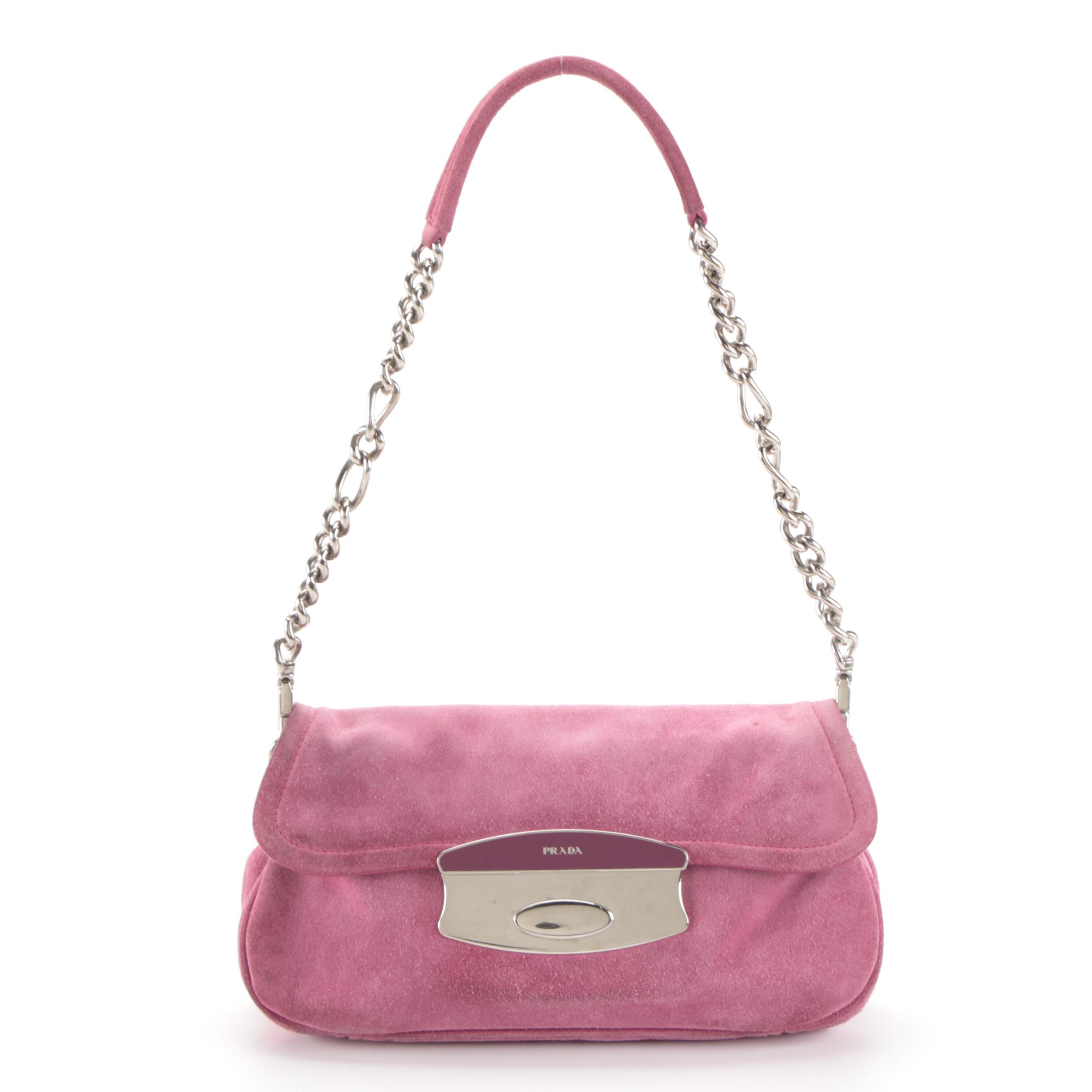 Prada Small Flap-Front Shoulder Bag in Pink Suede