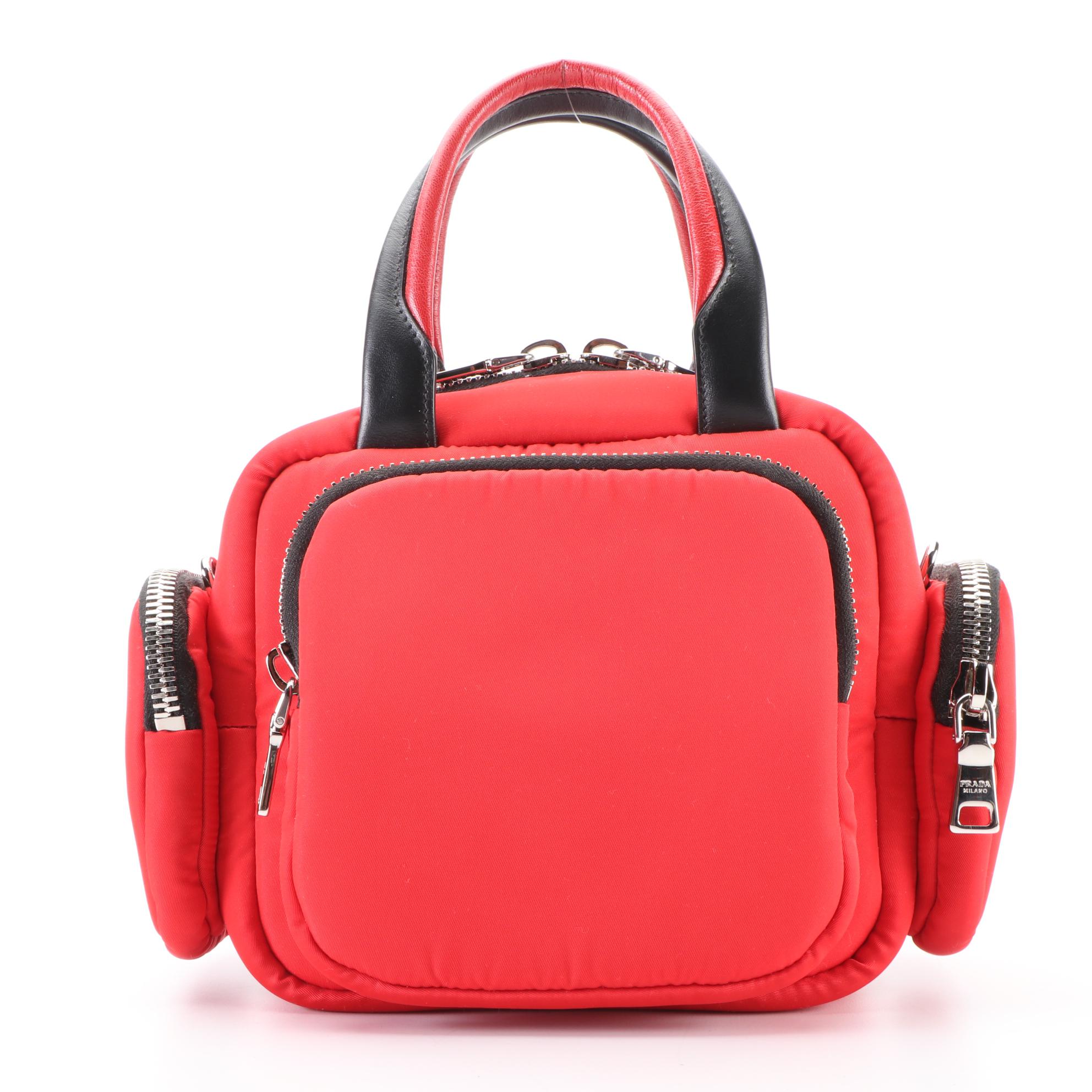 Prada Tessuto Nylon and Leather Zip Pocket Handbag in Red/Black