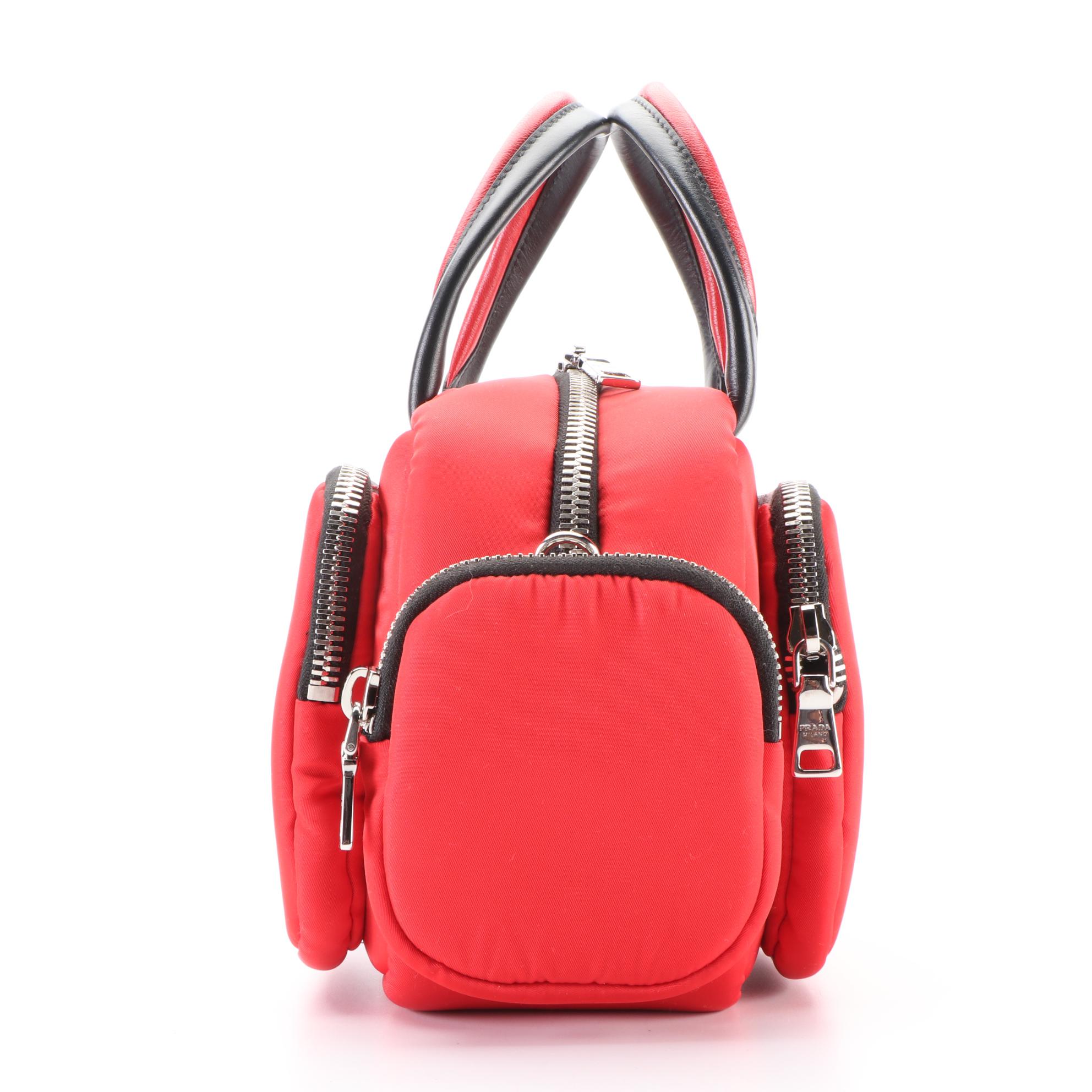 Prada Tessuto Nylon and Leather Zip Pocket Handbag in Red/Black
