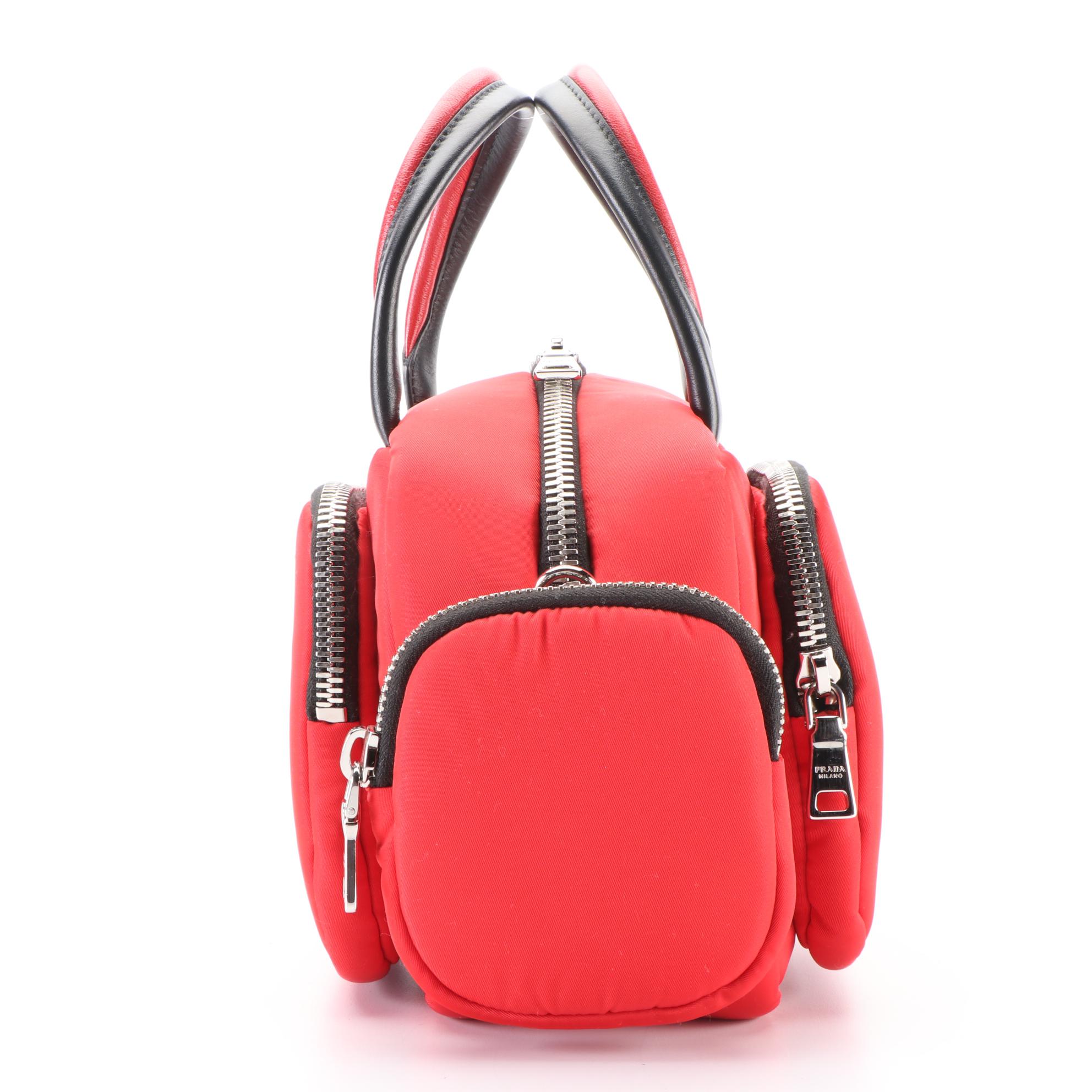 Prada Tessuto Nylon and Leather Zip Pocket Handbag in Red/Black