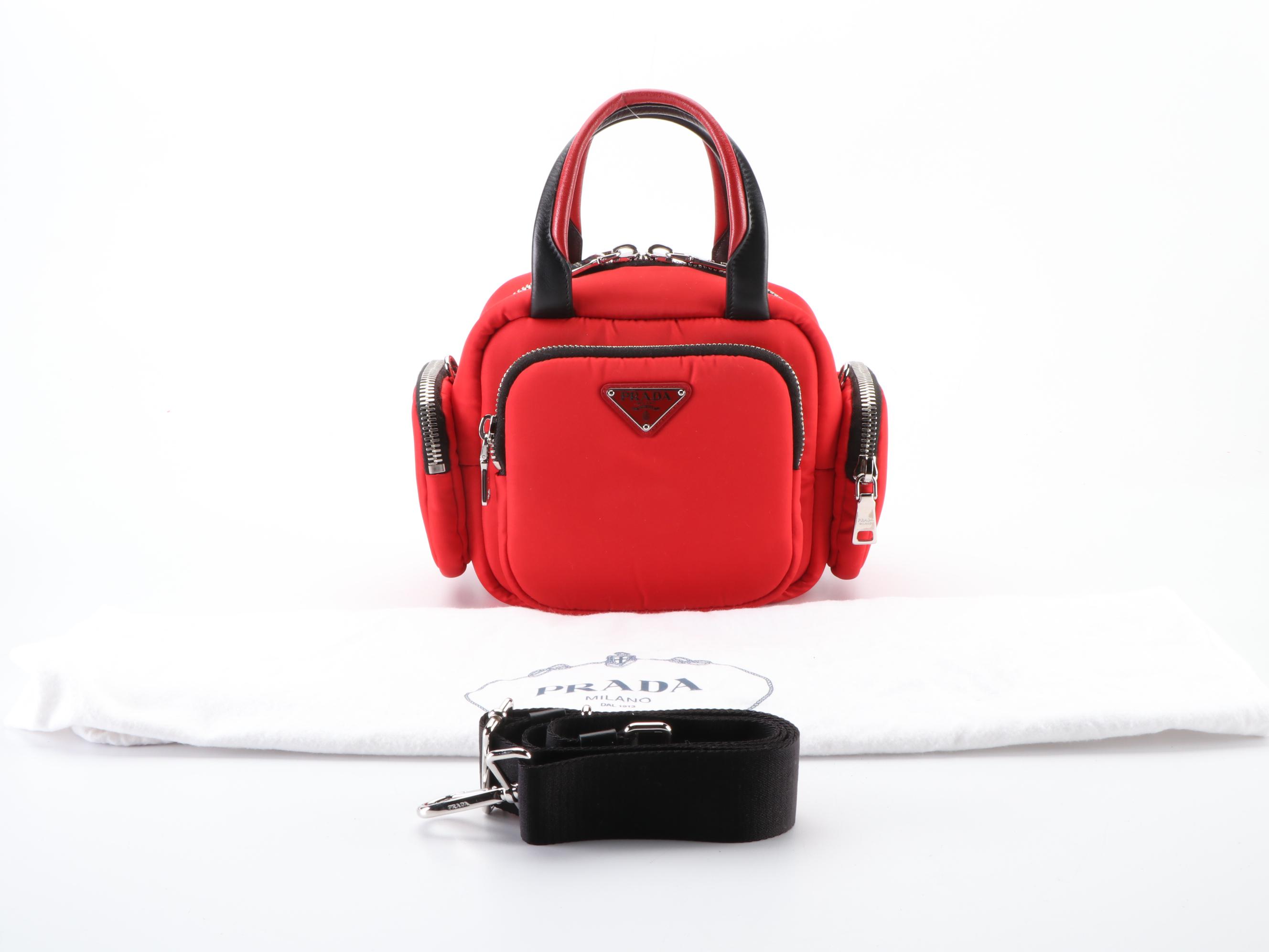 Prada Tessuto Nylon and Leather Zip Pocket Handbag in Red/Black