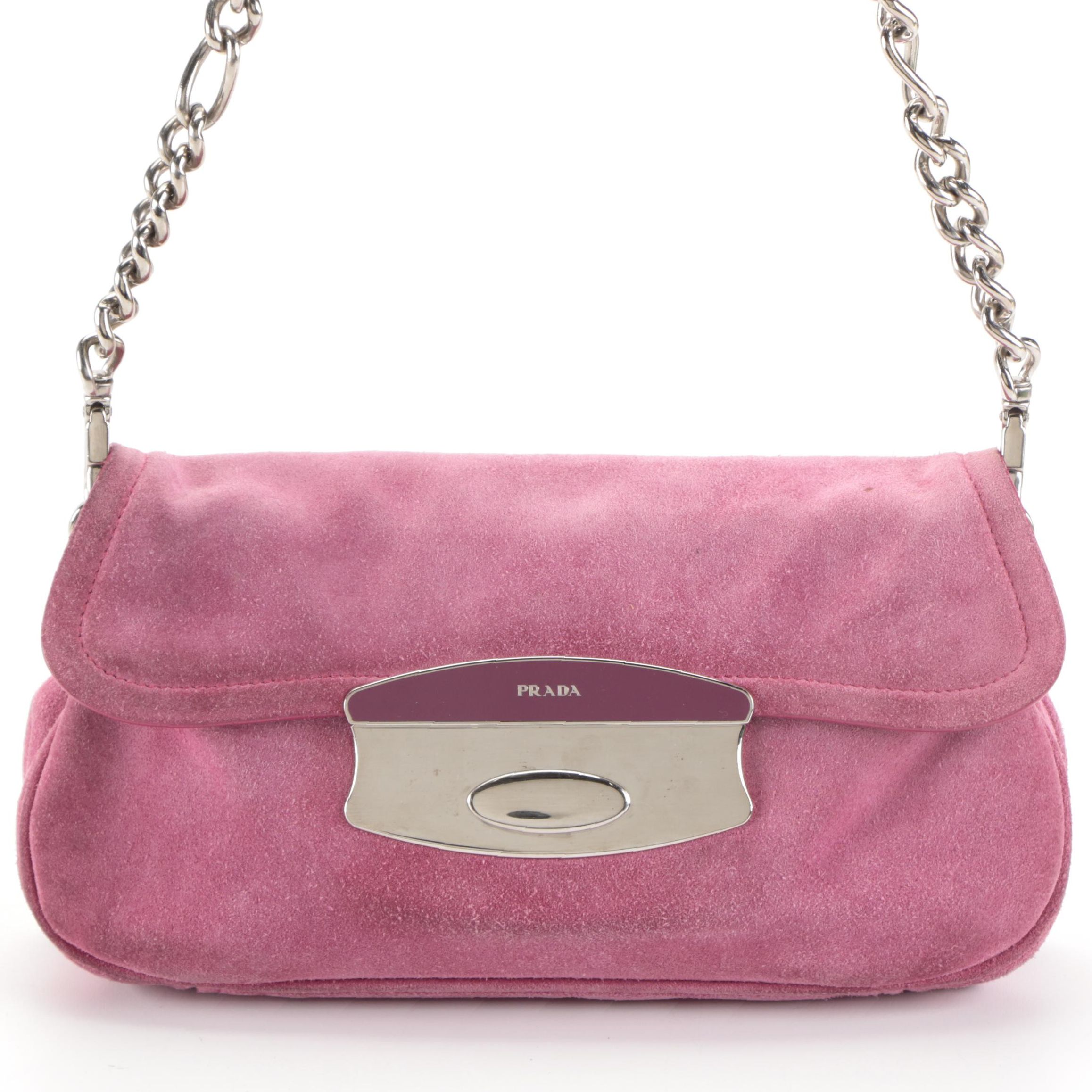 Prada Small Flap-Front Shoulder Bag in Pink Suede