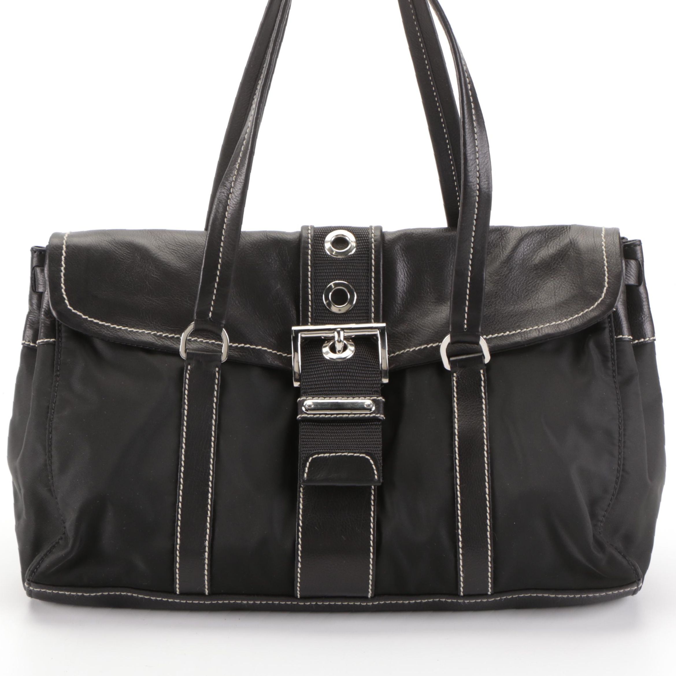 Prada Front-Flap Shoulder Bag in Black Tessuto Nylon and Leather