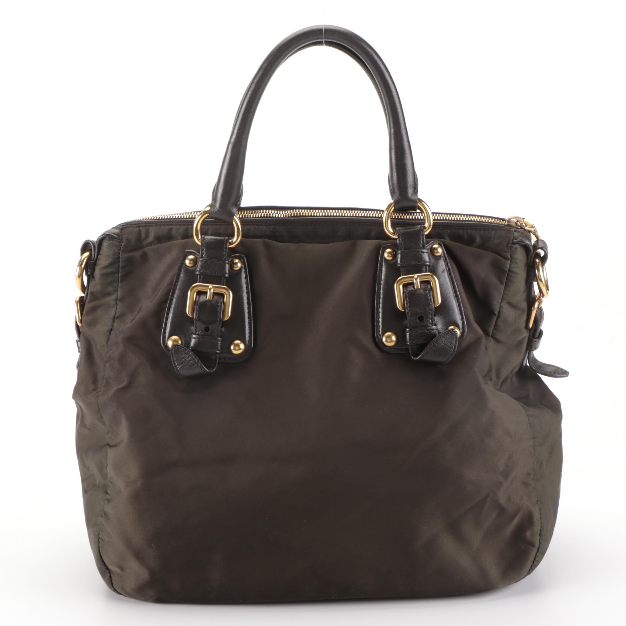 Prada Dark Brown Nylon Tessuto and Leather Handbag