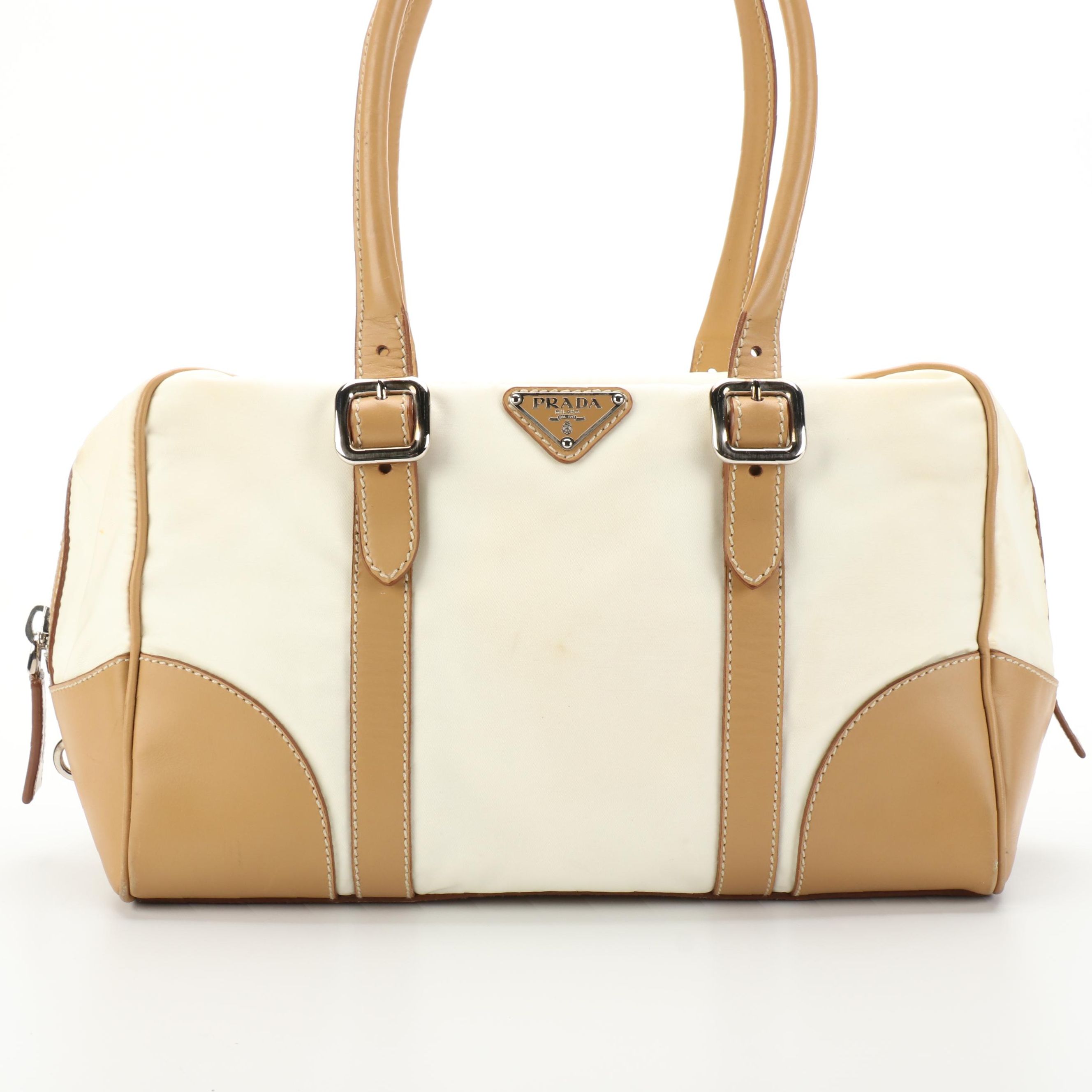 Prada Tessuto Boston Bag with Tan Leather