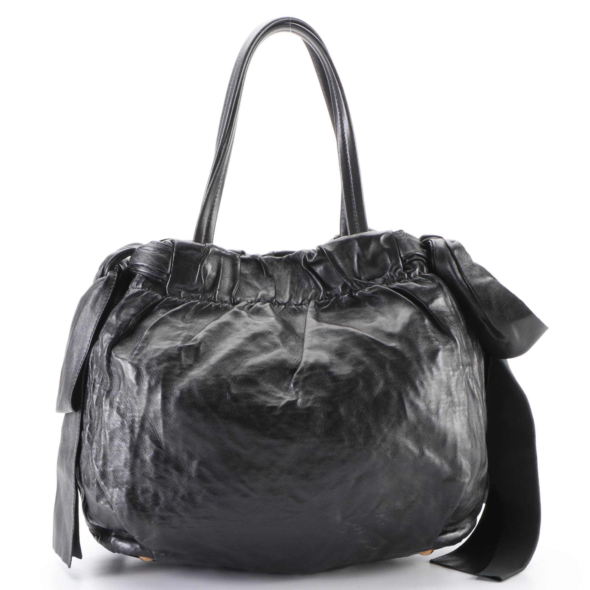 Prada Two-Way Tote Bag in Black Gathered Leather with Bow Detail