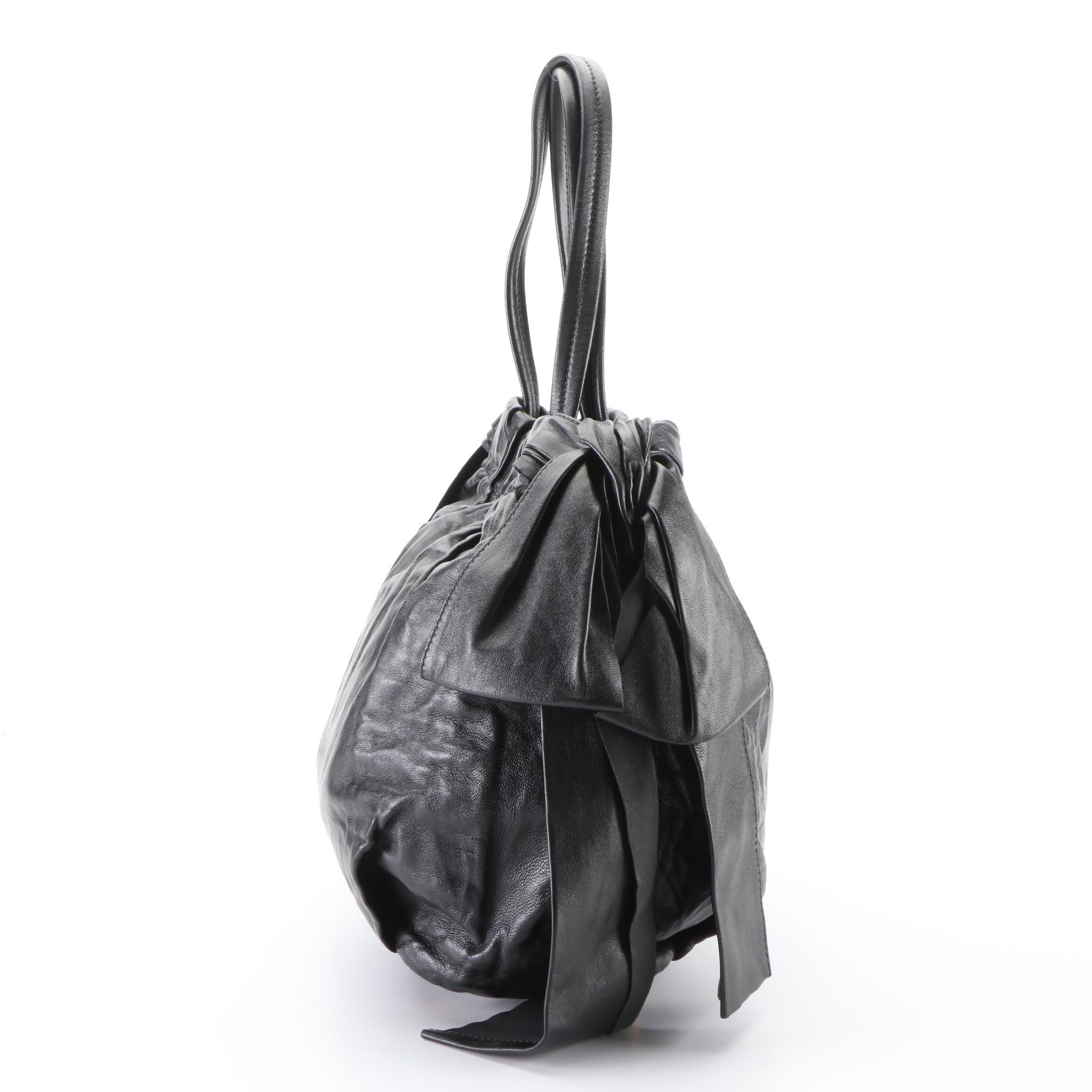 Prada Two-Way Tote Bag in Black Gathered Leather with Bow Detail