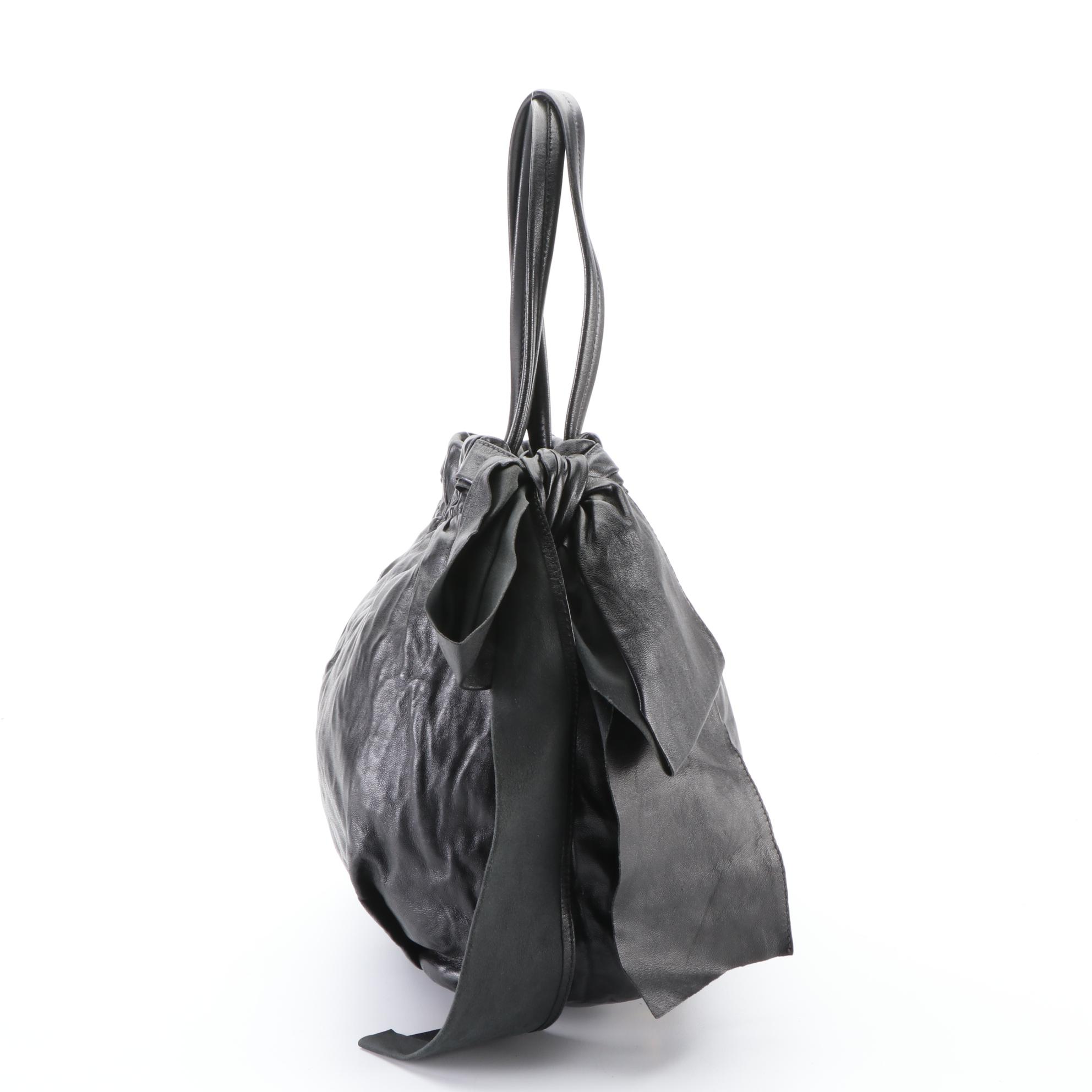 Prada Two-Way Tote Bag in Black Gathered Leather with Bow Detail