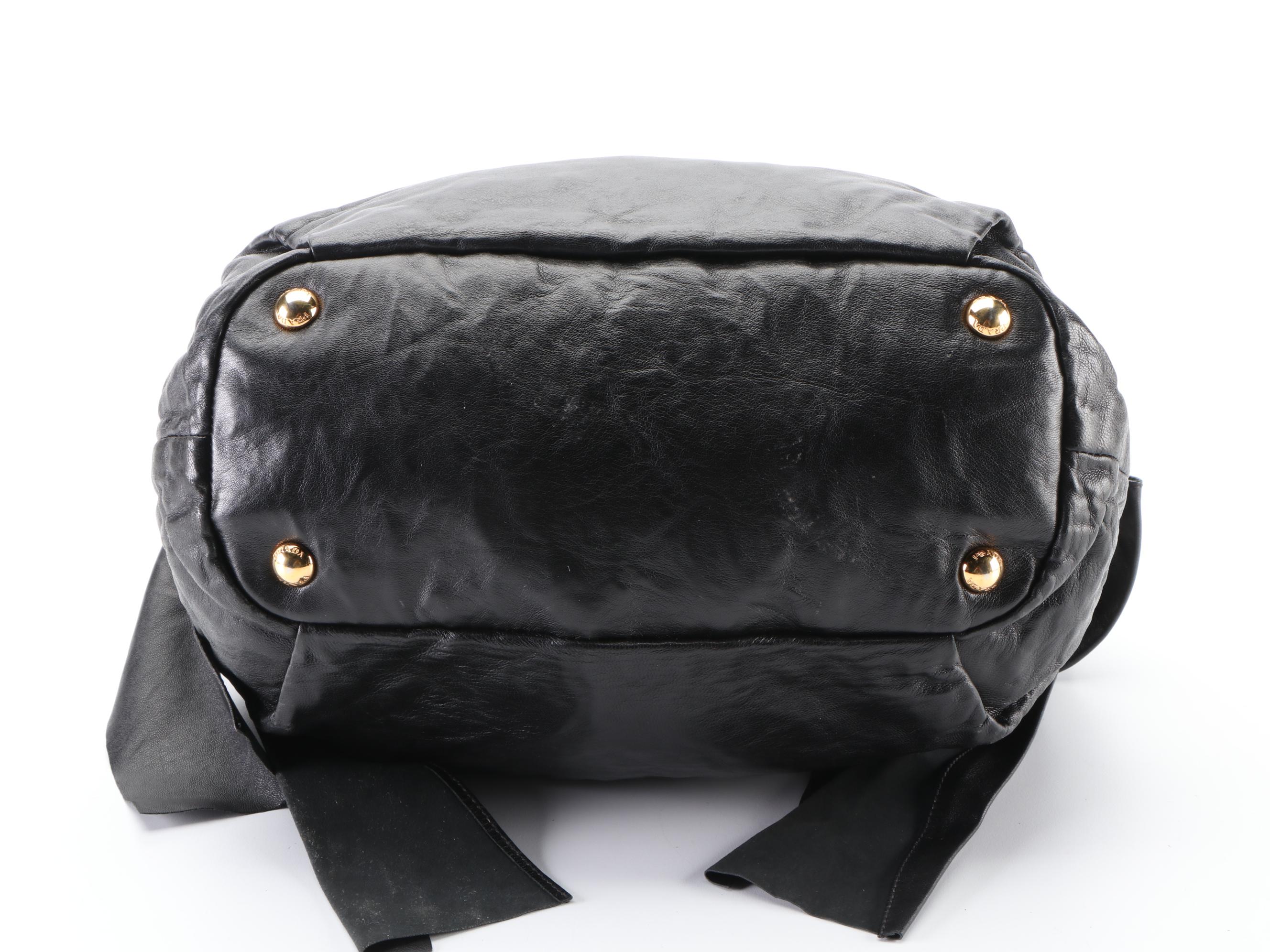 Prada Two-Way Tote Bag in Black Gathered Leather with Bow Detail