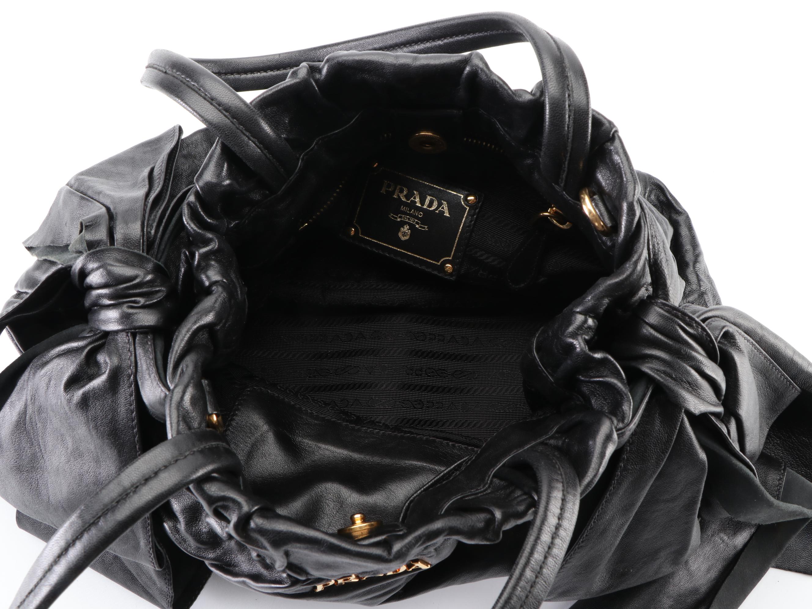 Prada Two-Way Tote Bag in Black Gathered Leather with Bow Detail