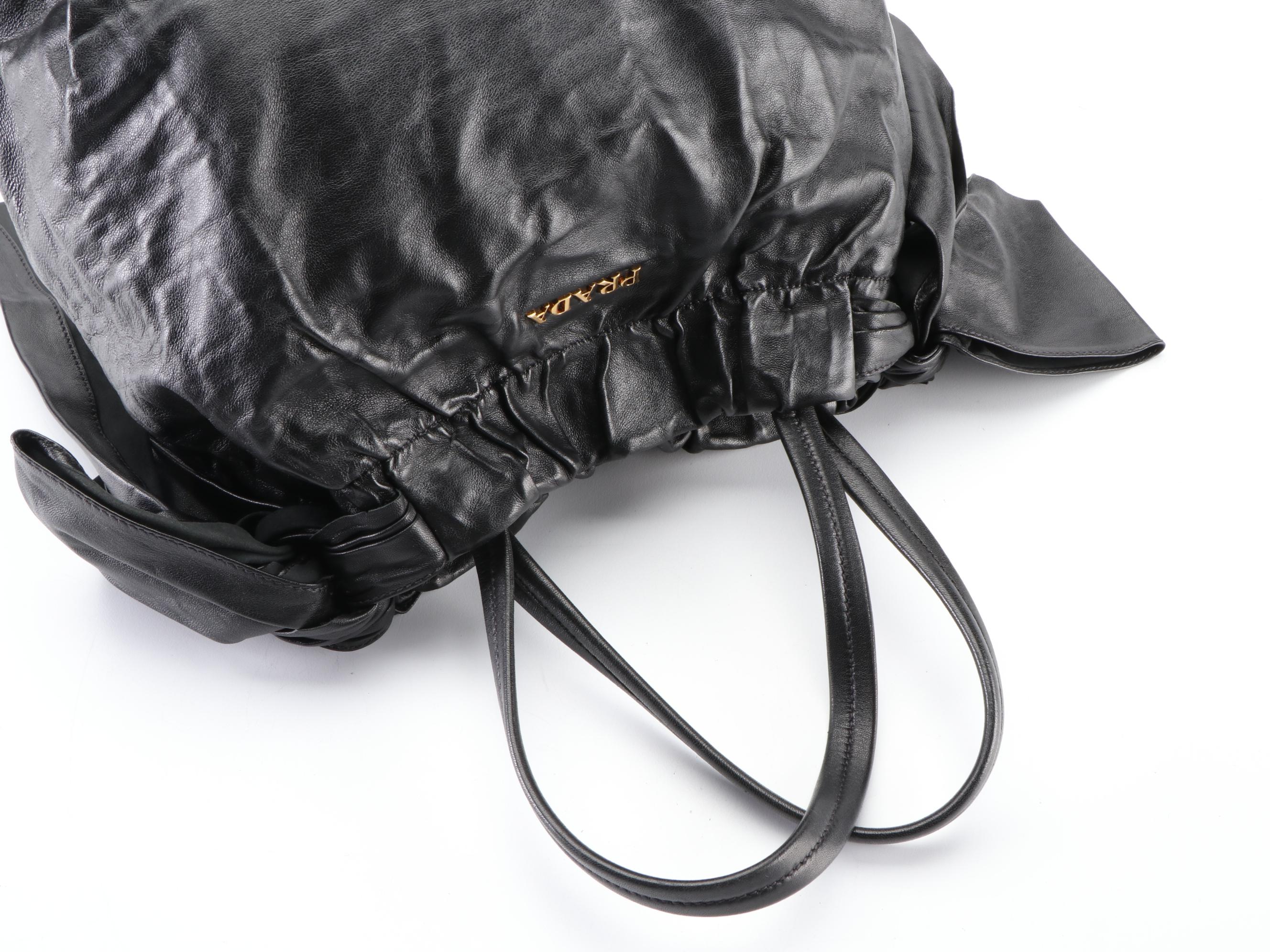 Prada Two-Way Tote Bag in Black Gathered Leather with Bow Detail