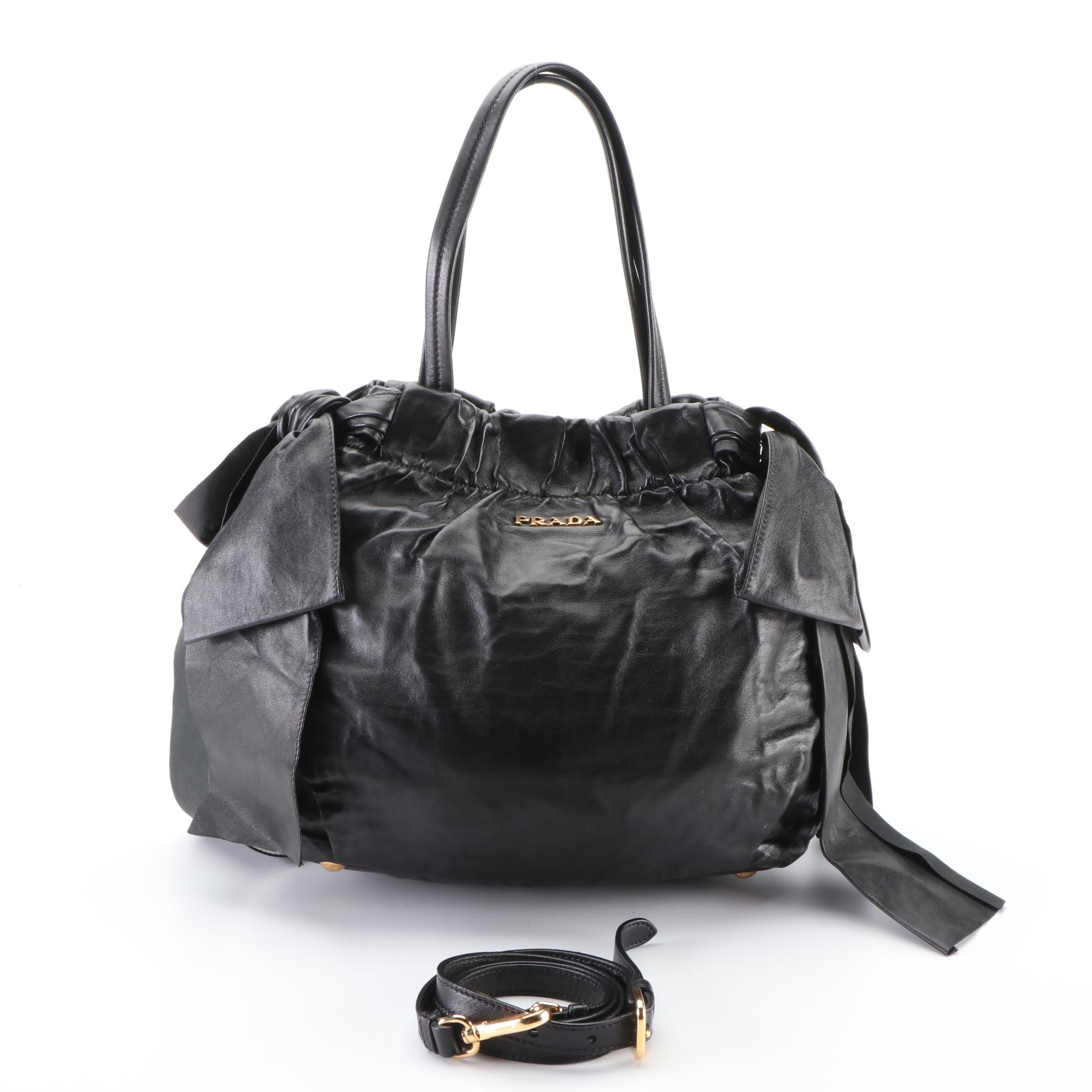 Prada Two-Way Tote Bag in Black Gathered Leather with Bow Detail