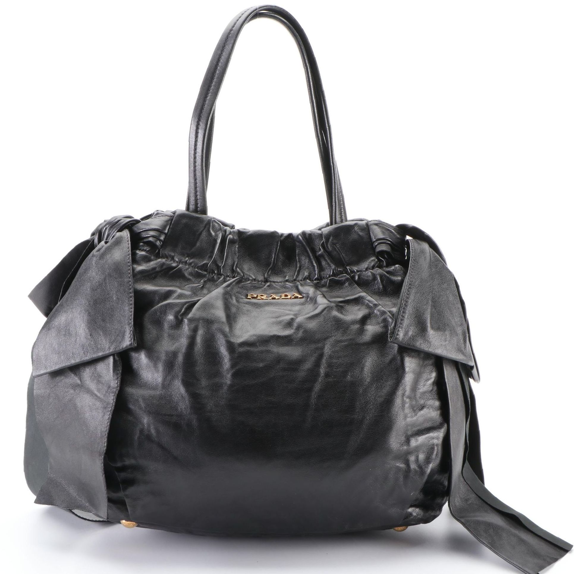 Prada Two-Way Tote Bag in Black Gathered Leather with Bow Detail