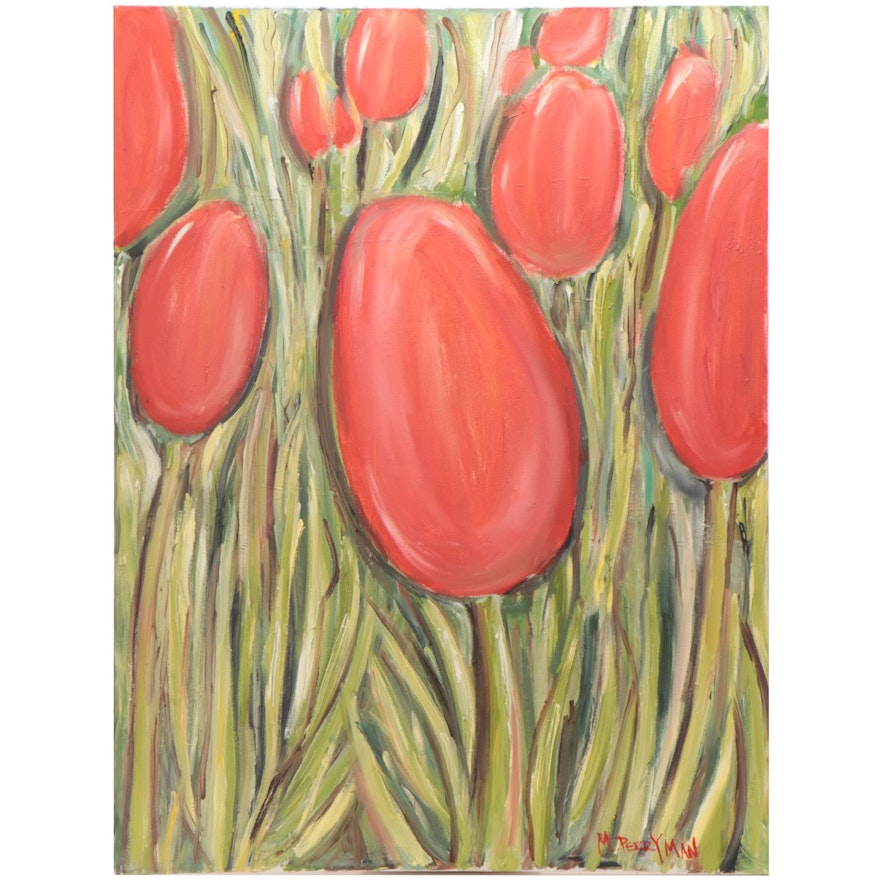 Marcella Francis Perryman Mixed Media Painting of Red Tulips, 21st Century