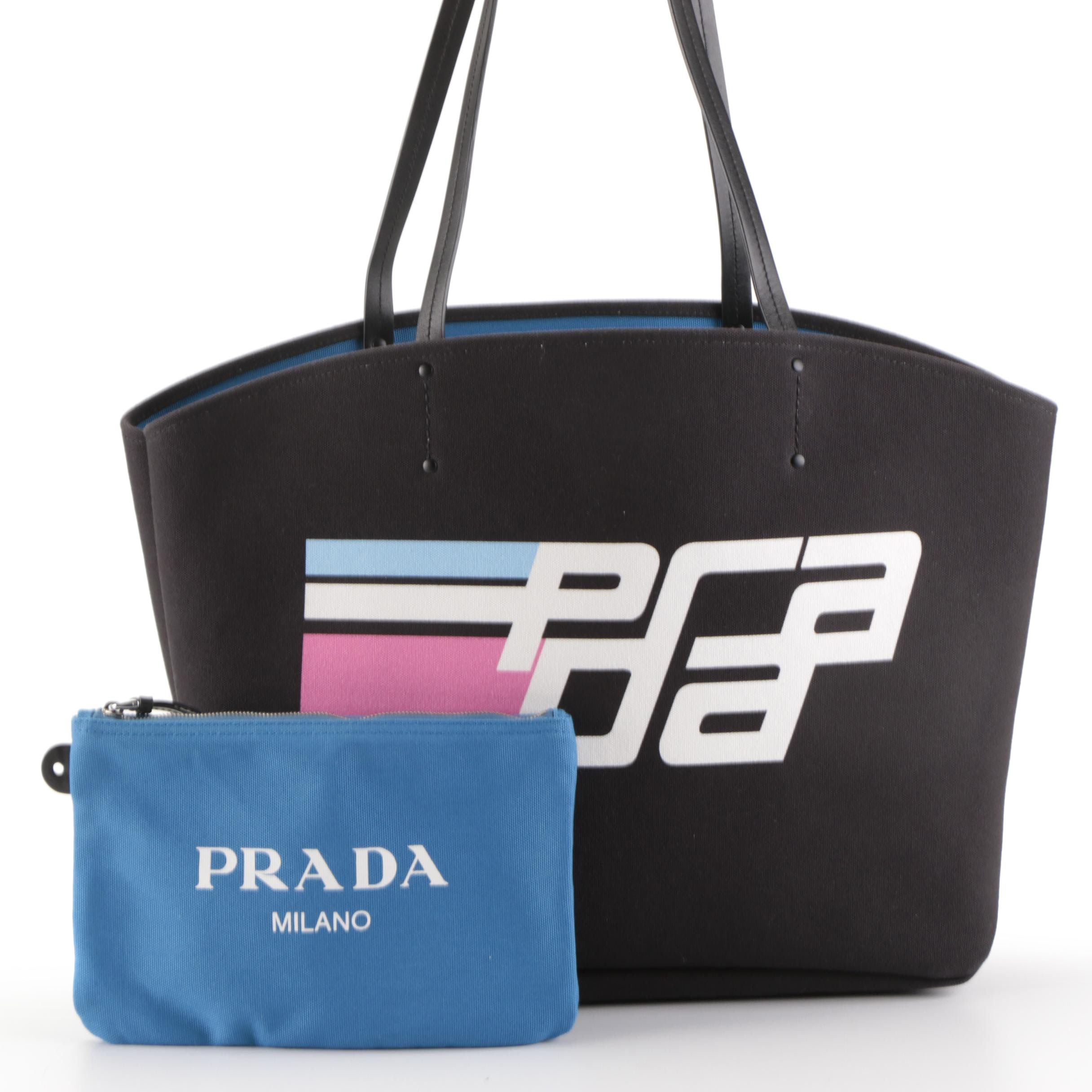 Prada Logo Tote 1BG220 in Canapa Canvas with Leather Trim and Pouch