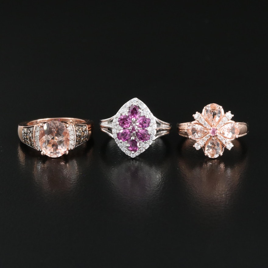 Trio of Sterling Morganite, Garnet and Diamond Rings